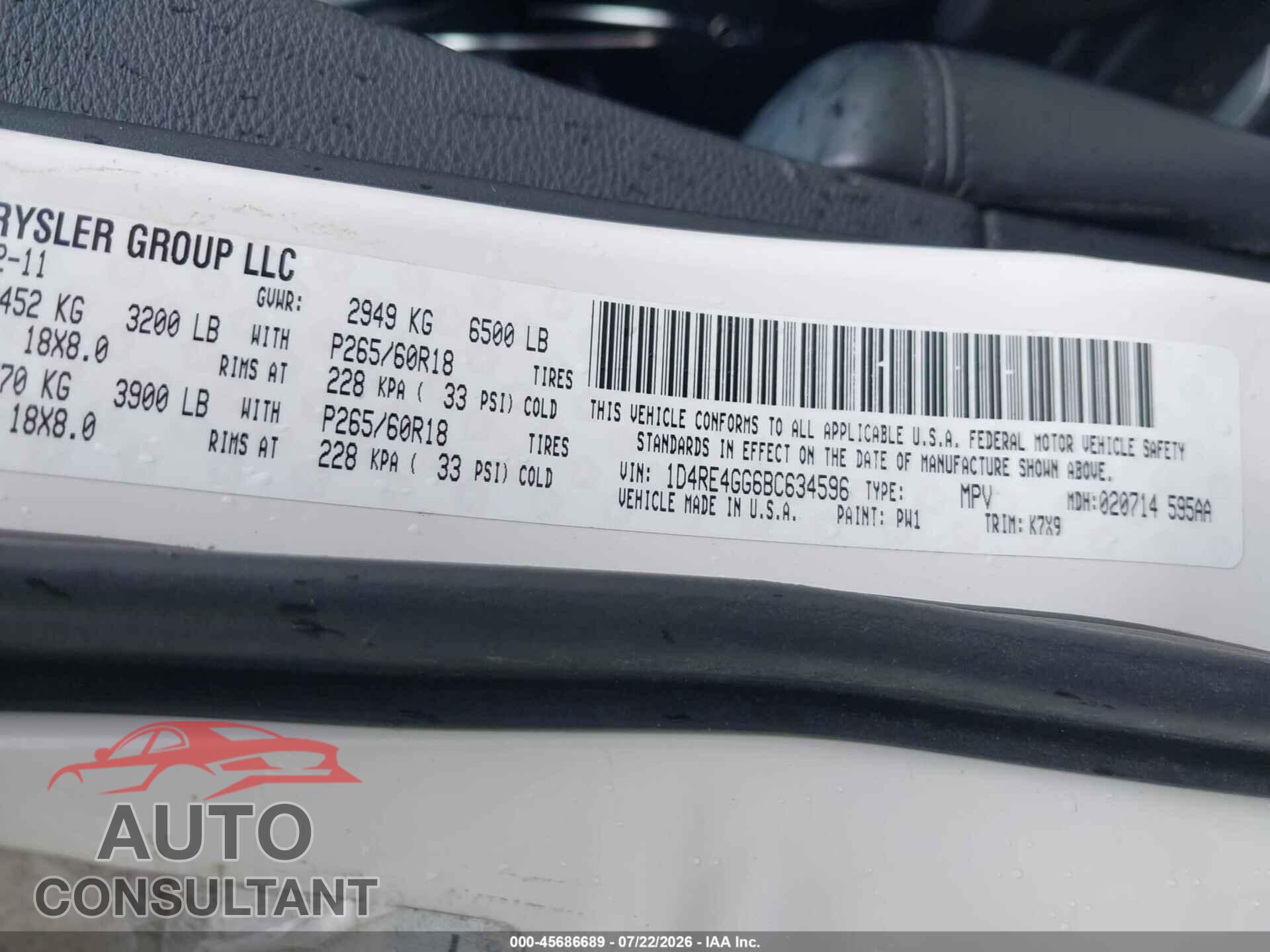 DODGE DURANGO 2011 - 1D4RE4GG6BC634596