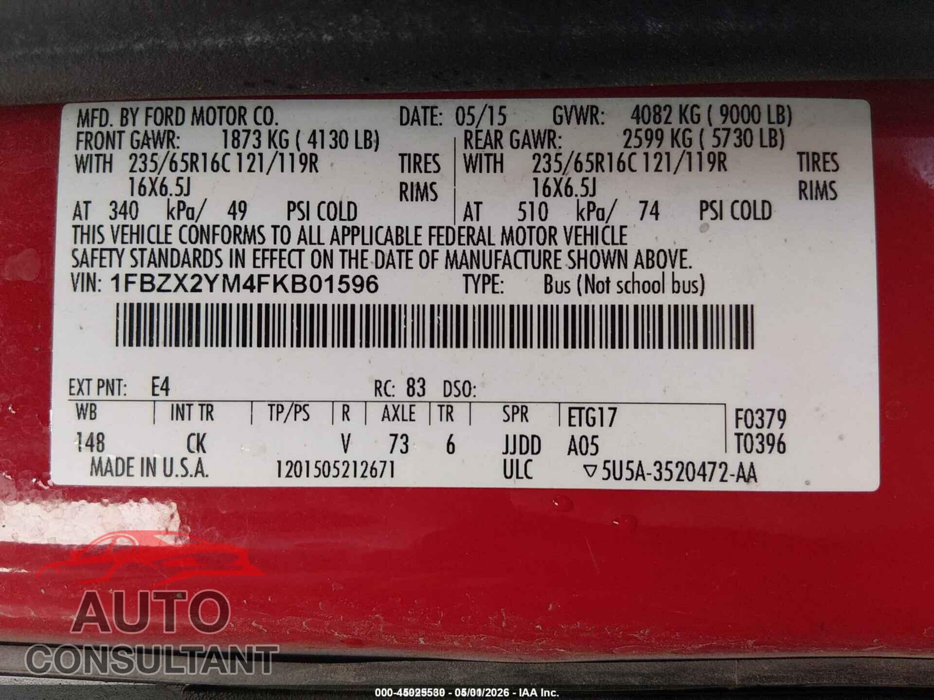 FORD TRANSIT-350 2015 - 1FBZX2YM4FKB01596