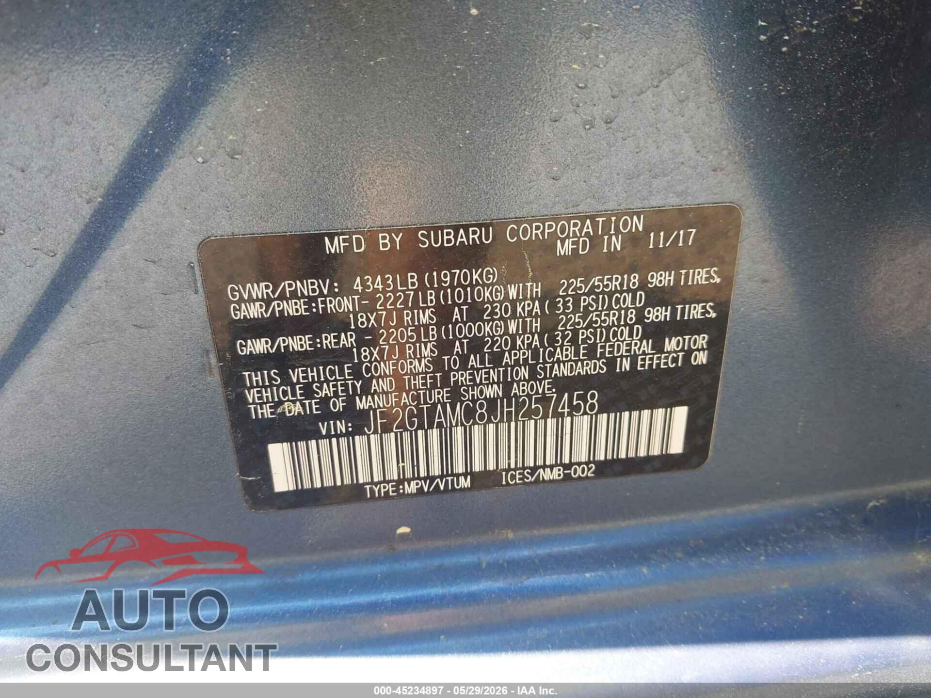 SUBARU CROSSTREK 2018 - JF2GTAMC8JH257458