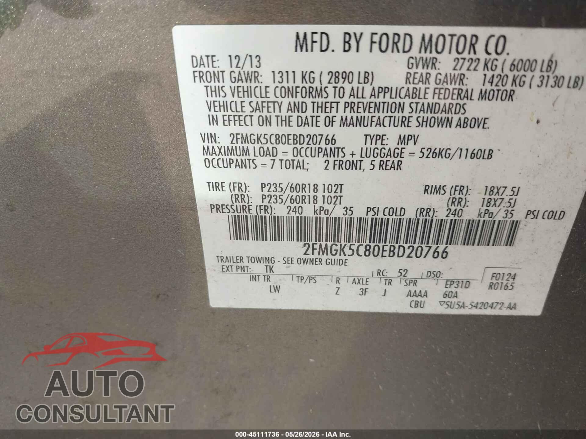 FORD FLEX 2014 - 2FMGK5C80EBD20766