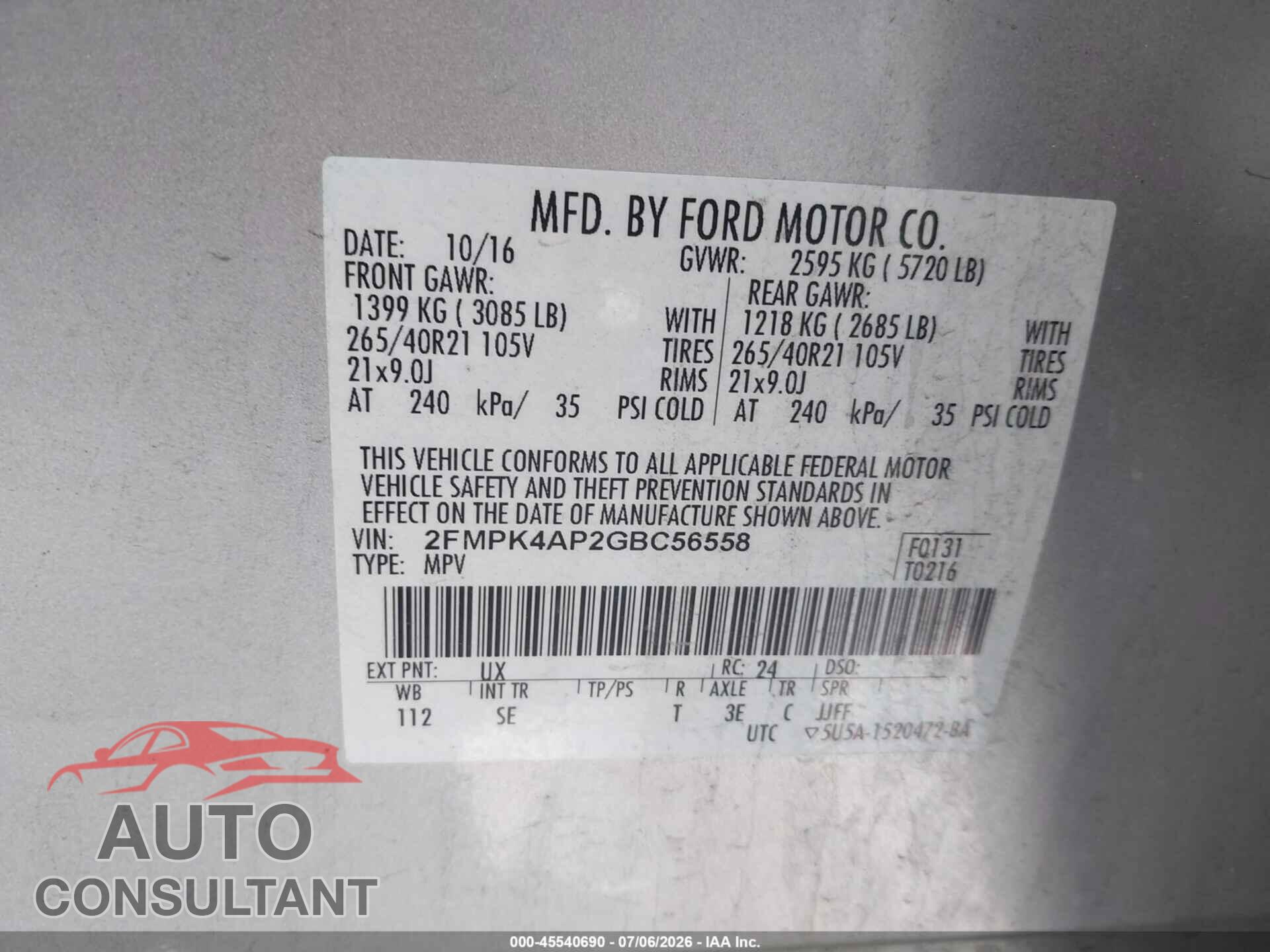 FORD EDGE 2016 - 2FMPK4AP2GBC56558