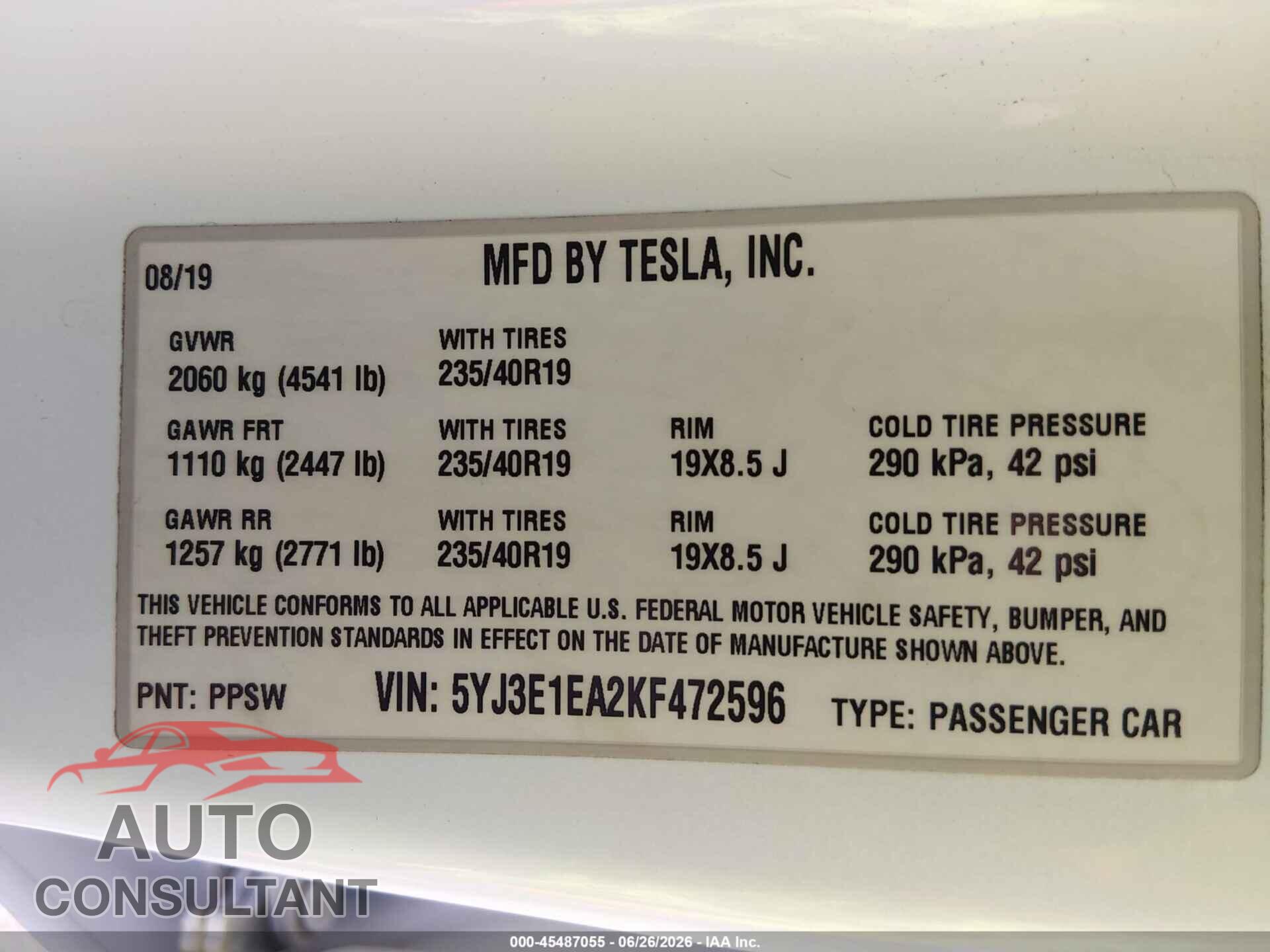 TESLA MODEL 3 2019 - 5YJ3E1EA2KF472596