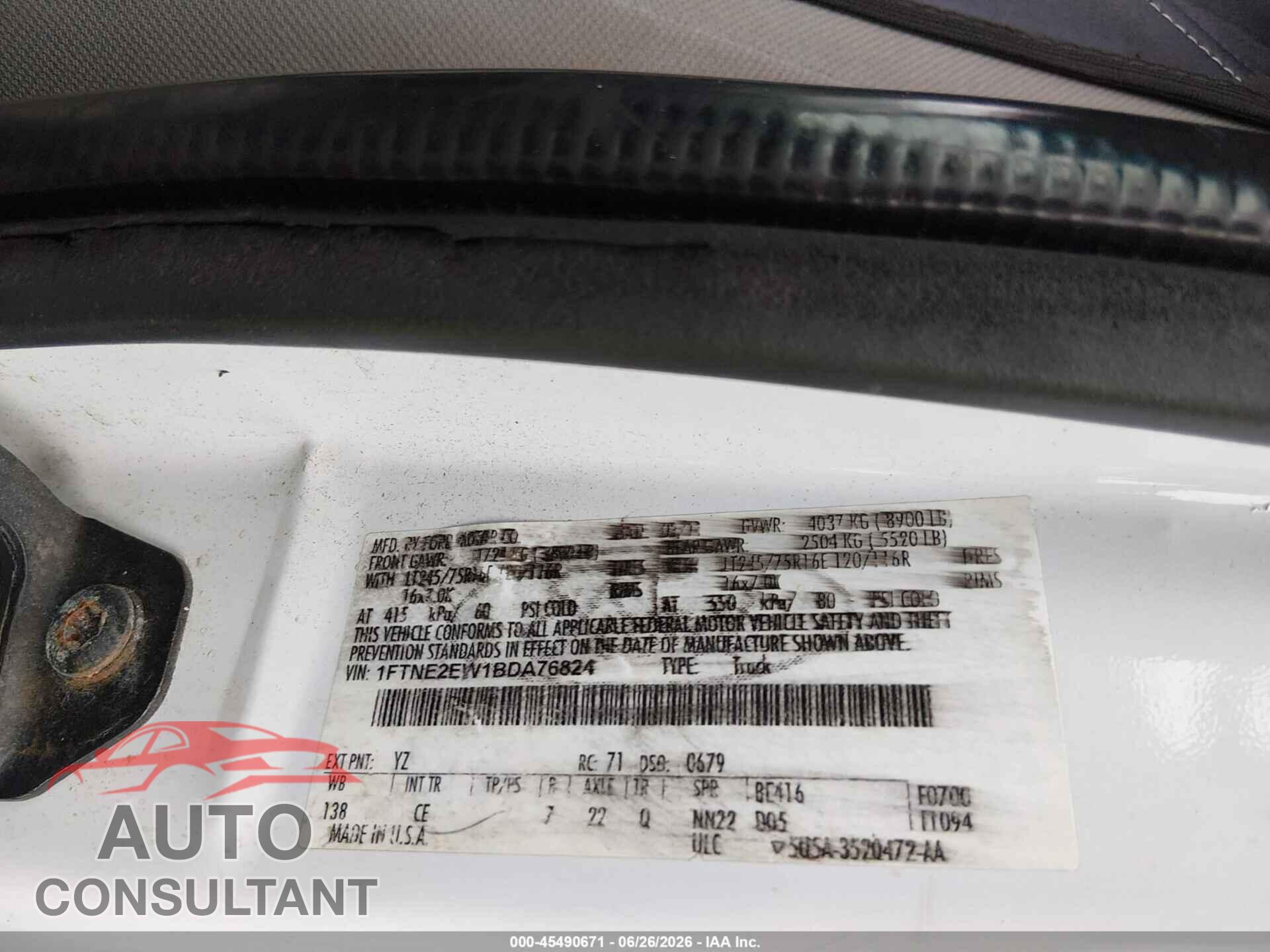 FORD E-250 2011 - 1FTNE2EW1BDA76824