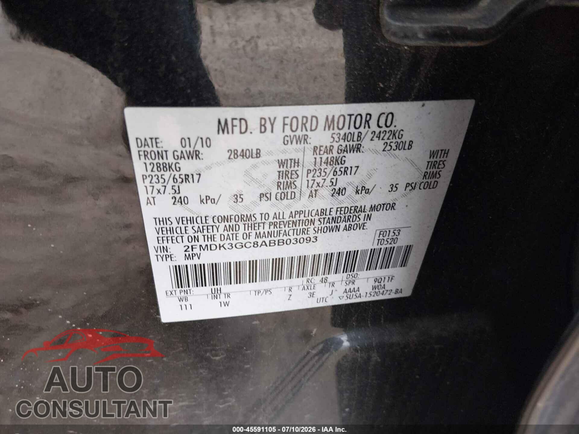 FORD EDGE 2010 - 2FMDK3GC8ABB03093