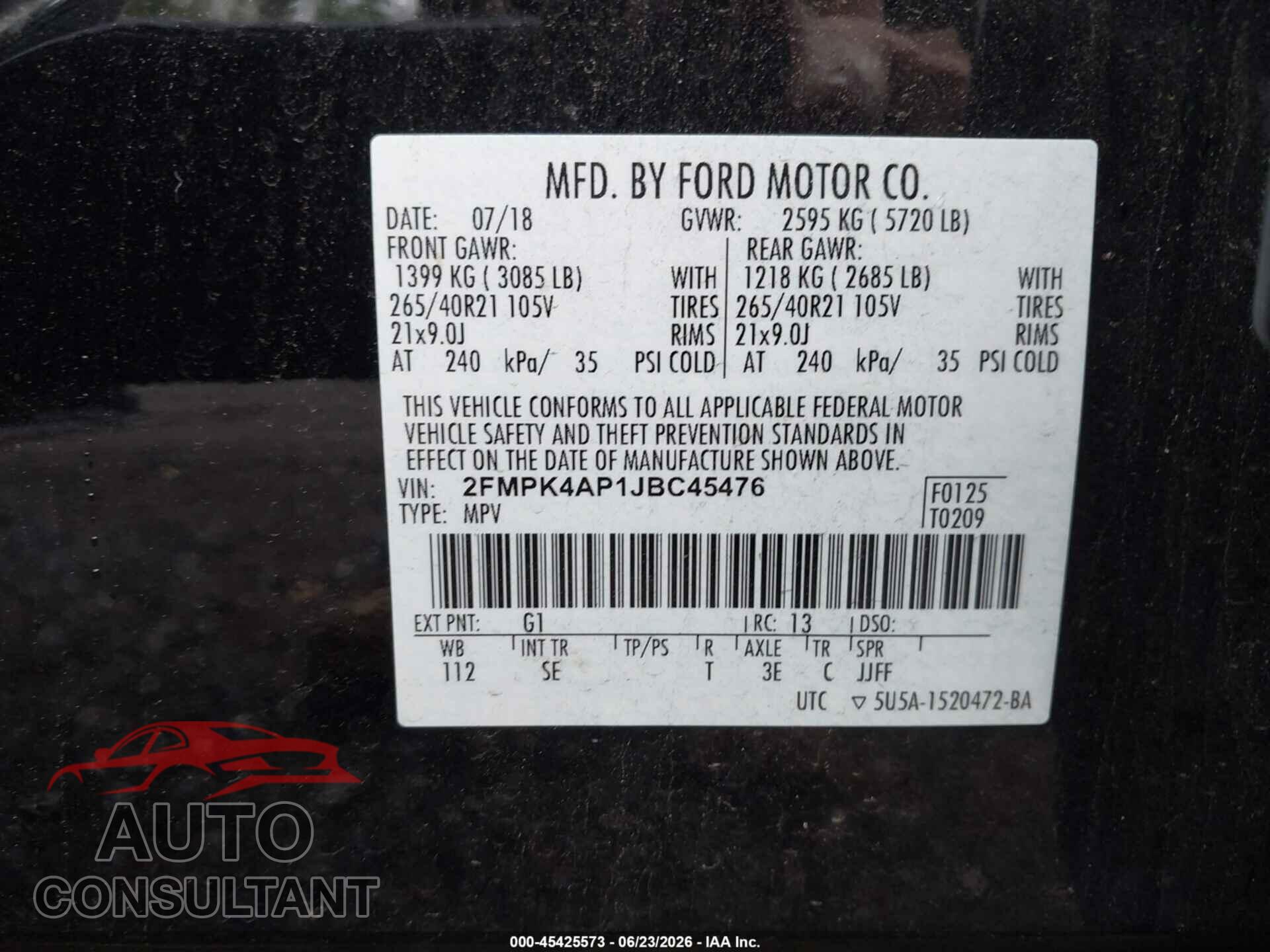 FORD EDGE 2018 - 2FMPK4AP1JBC45476