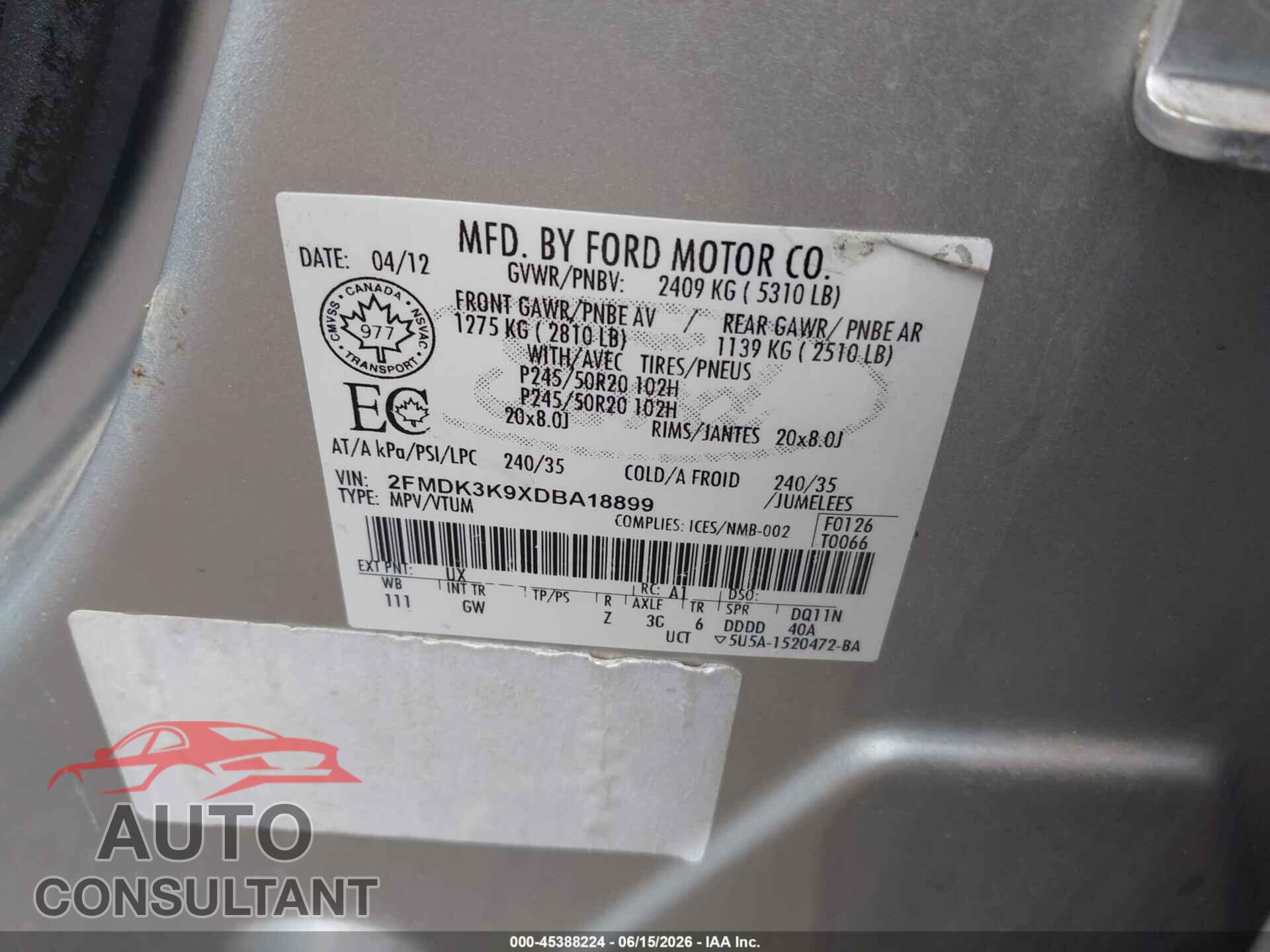 FORD EDGE 2013 - 2FMDK3K9XDBA18899