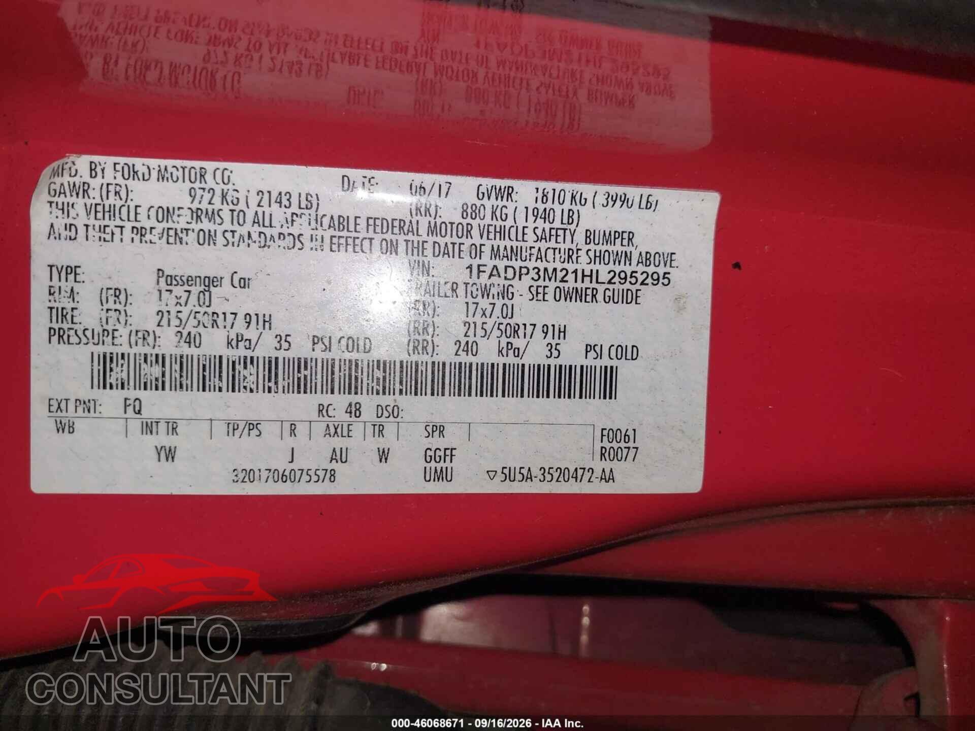 FORD FOCUS 2017 - 1FADP3M21HL295295