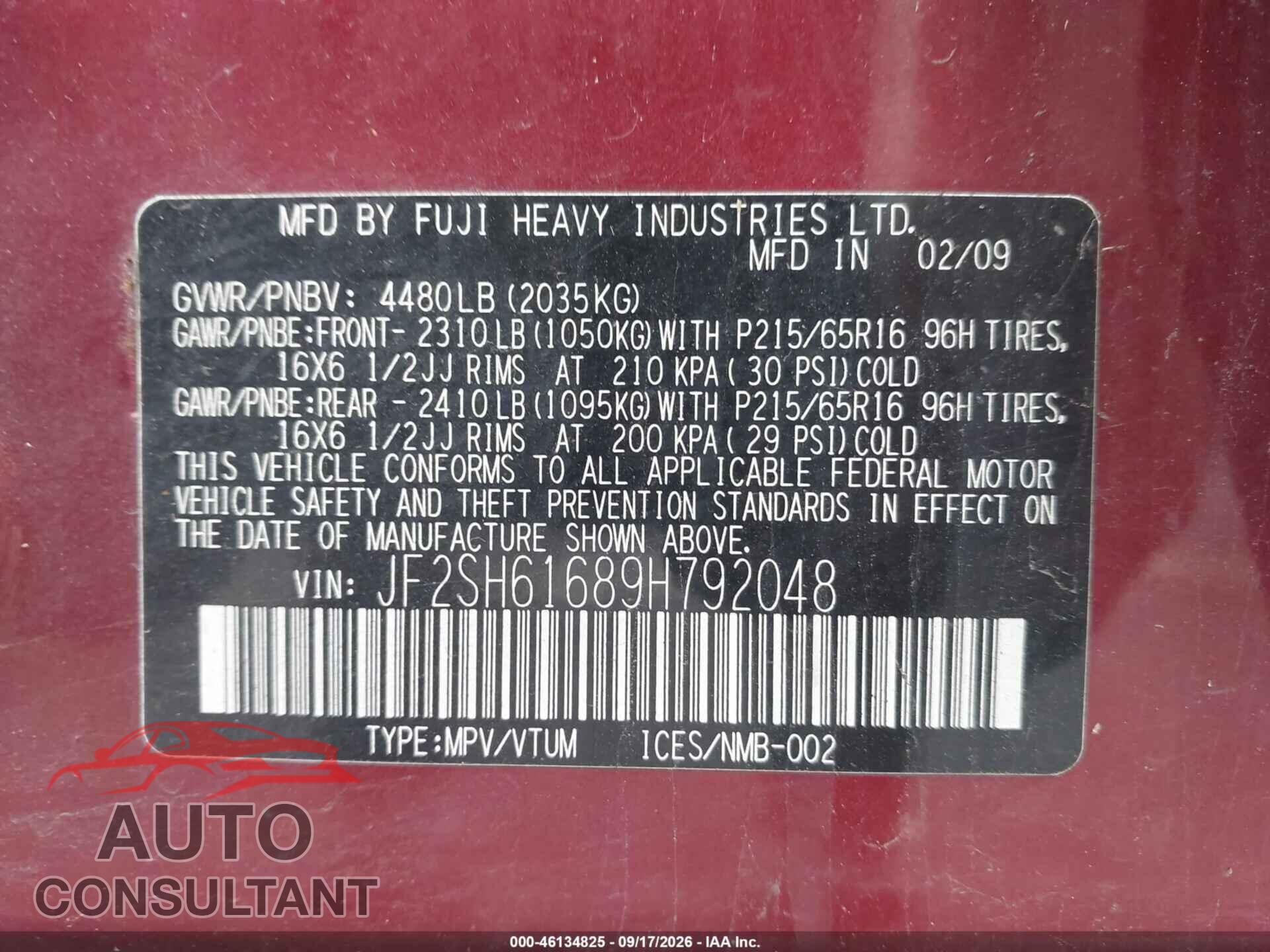 SUBARU FORESTER 2009 - JF2SH61689H792048