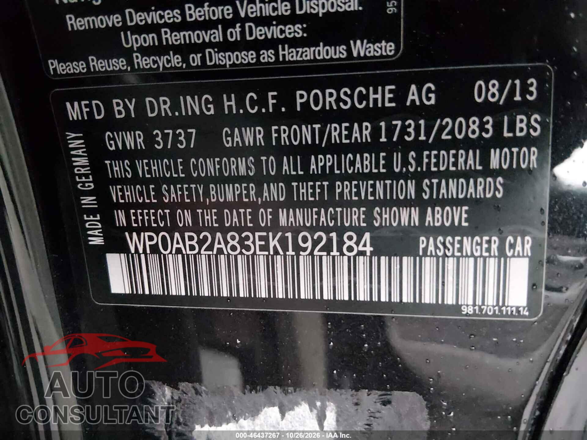 PORSCHE CAYMAN 2014 - WP0AB2A83EK192184