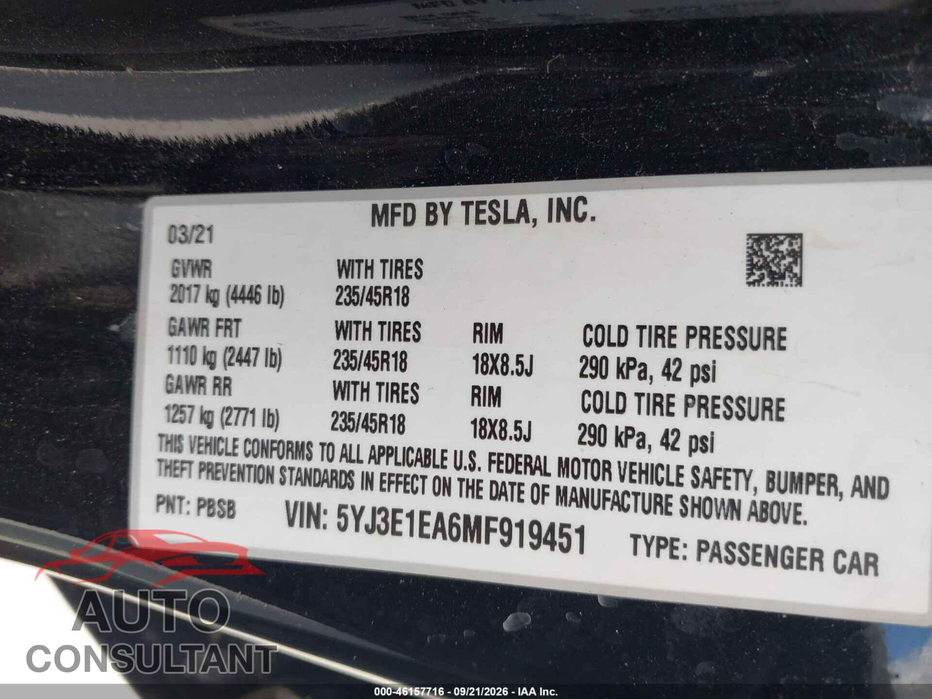 TESLA MODEL 3 2021 - 5YJ3E1EA6MF919451