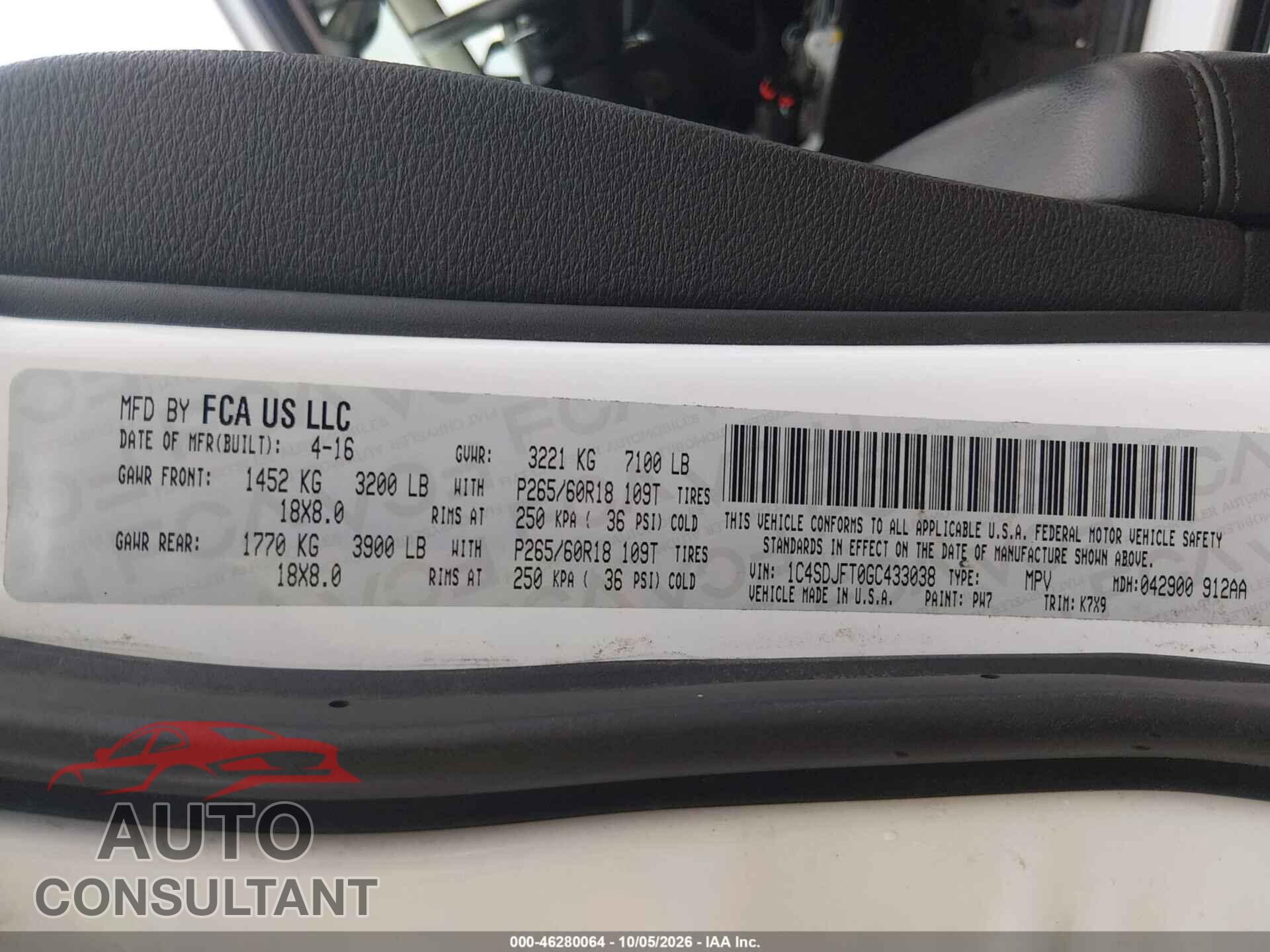 DODGE DURANGO 2016 - 1C4SDJFT0GC433038