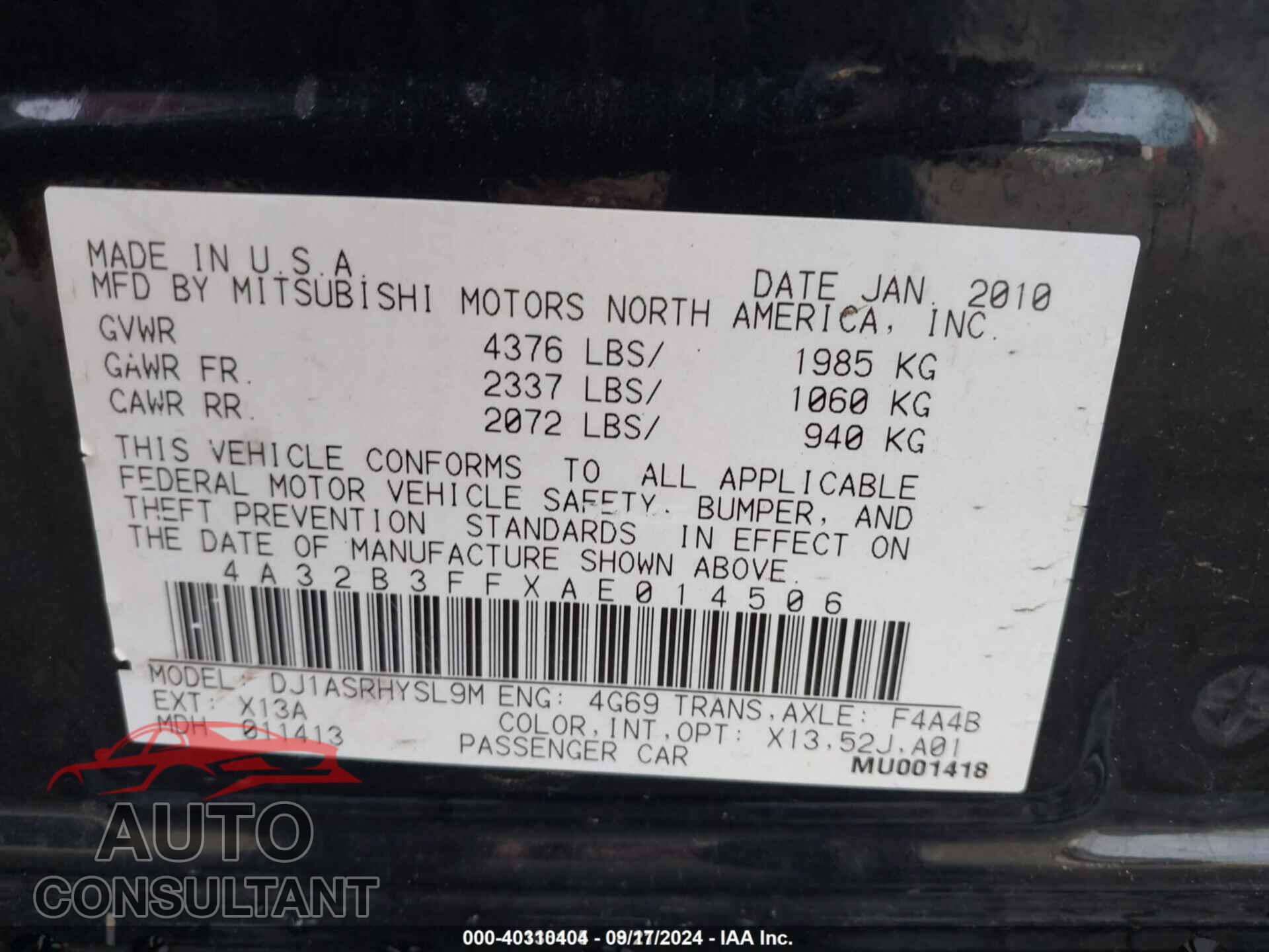 MITSUBISHI GALANT 2010 - 4A32B3FFXAE014506