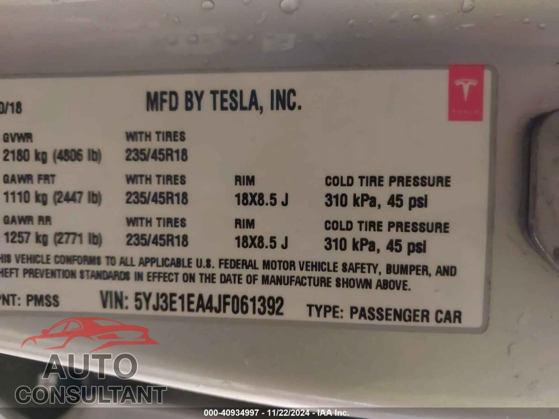 TESLA MODEL 3 2018 - 5YJ3E1EA4JF061392