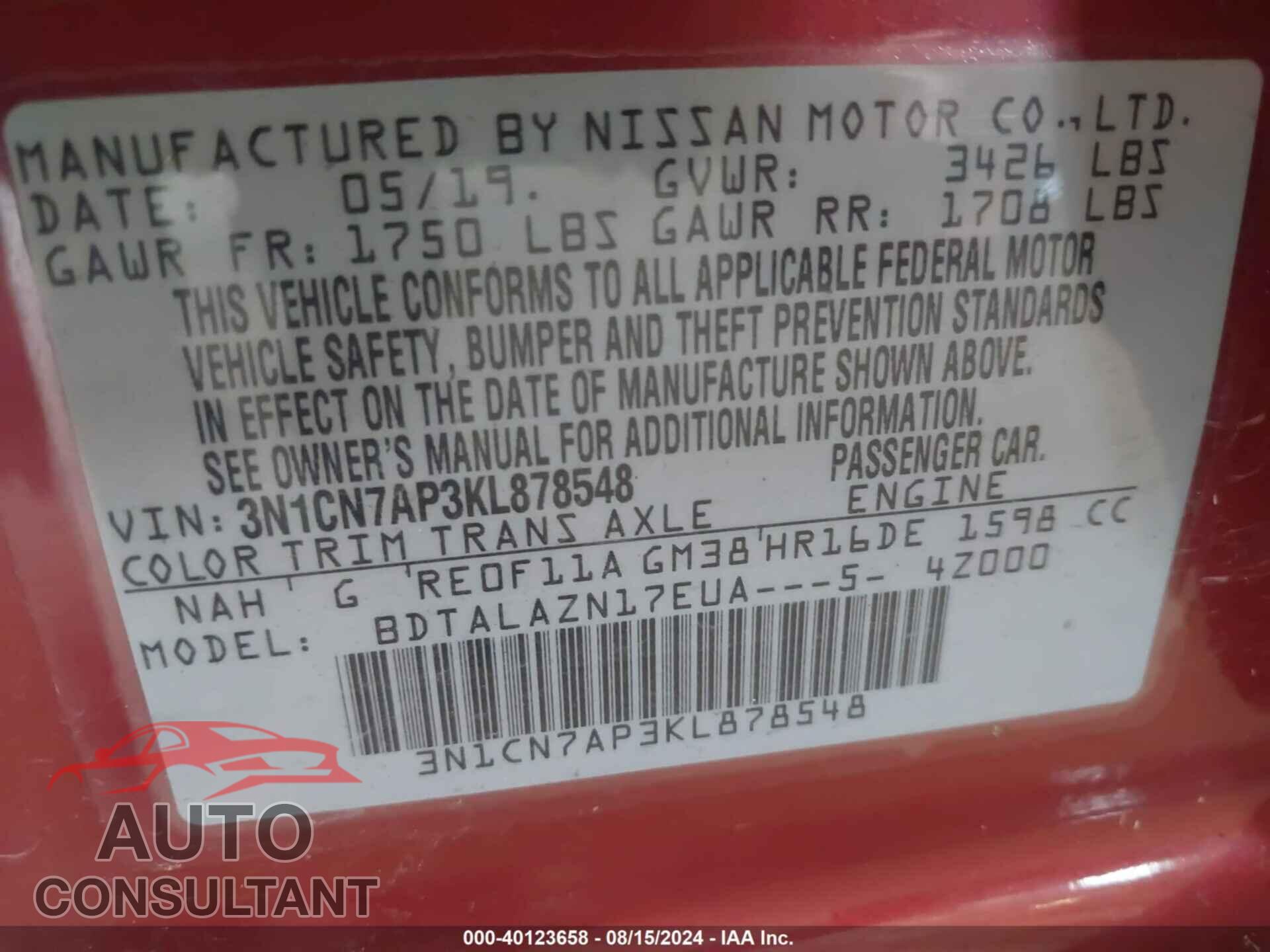 NISSAN VERSA 2019 - 3N1CN7AP3KL878548