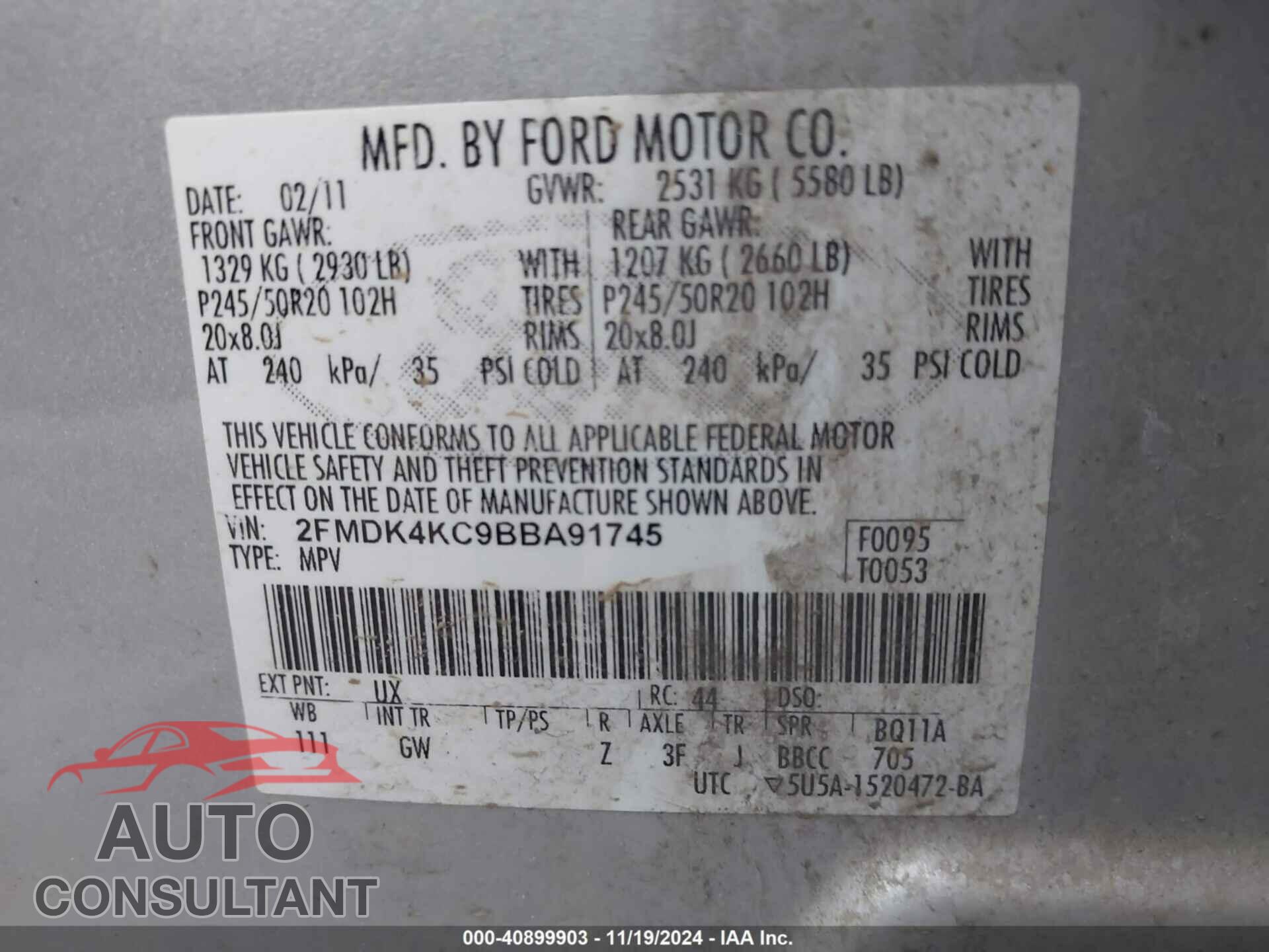 FORD EDGE 2011 - 2FMDK4KC9BBA91745