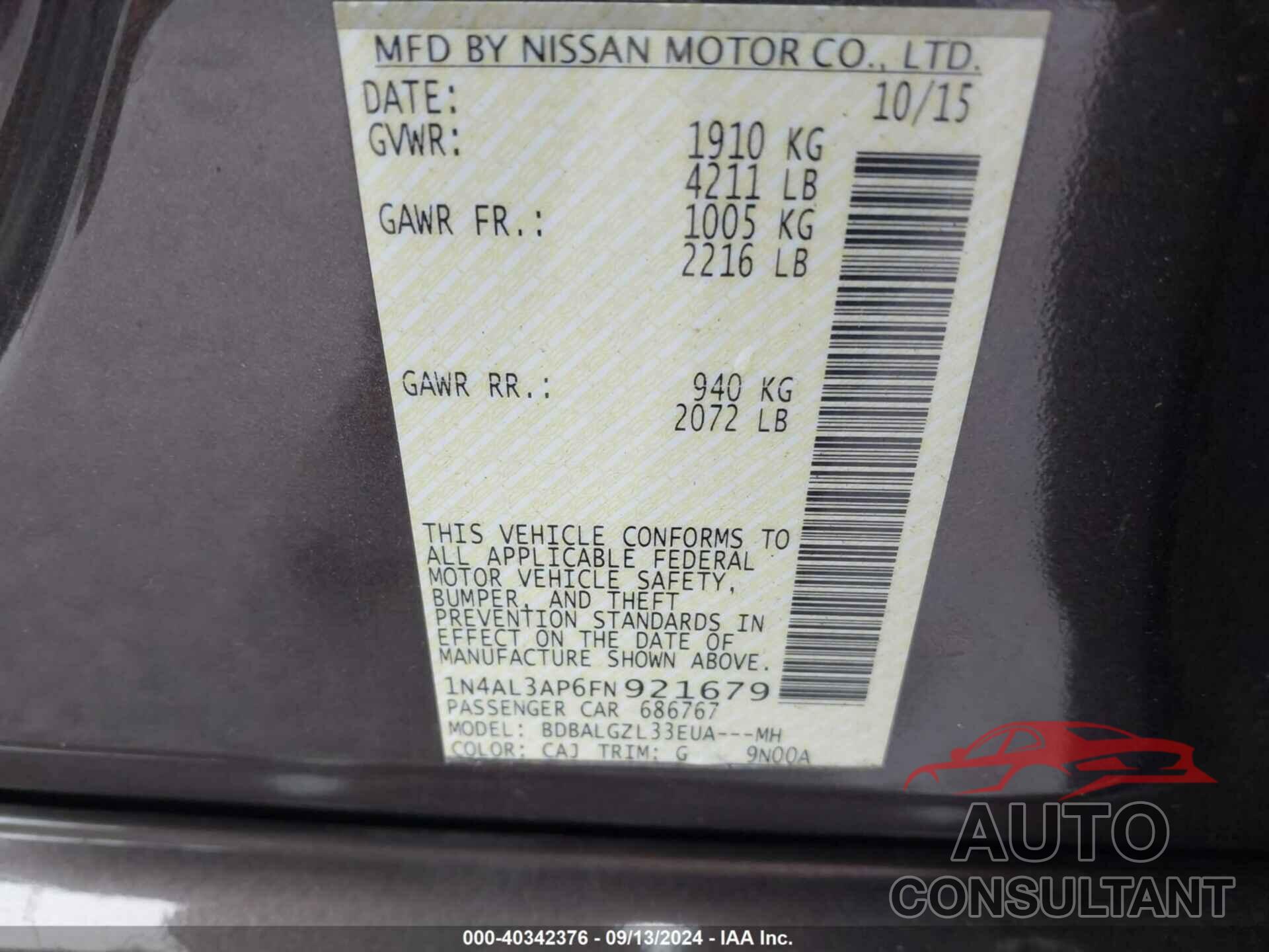 NISSAN ALTIMA 2015 - 1N4AL3AP6FN921679