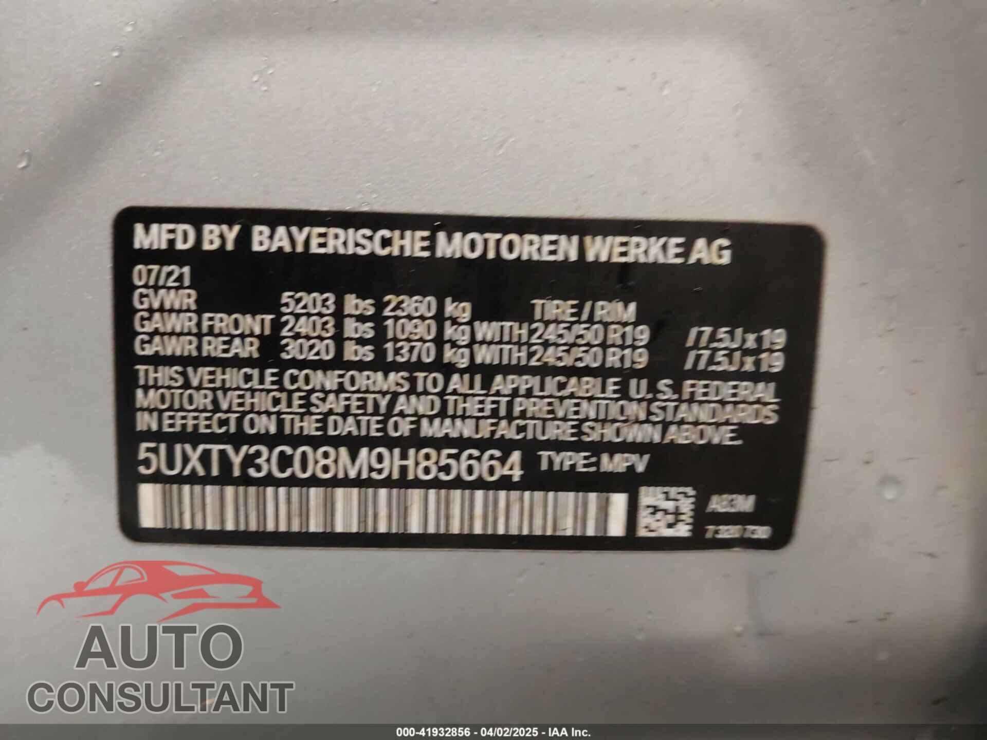 BMW X3 2021 - 5UXTY3C08M9H85664