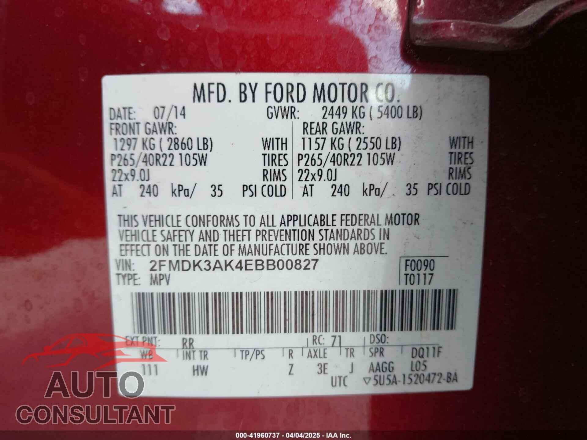 FORD EDGE 2014 - 2FMDK3AK4EBB00827