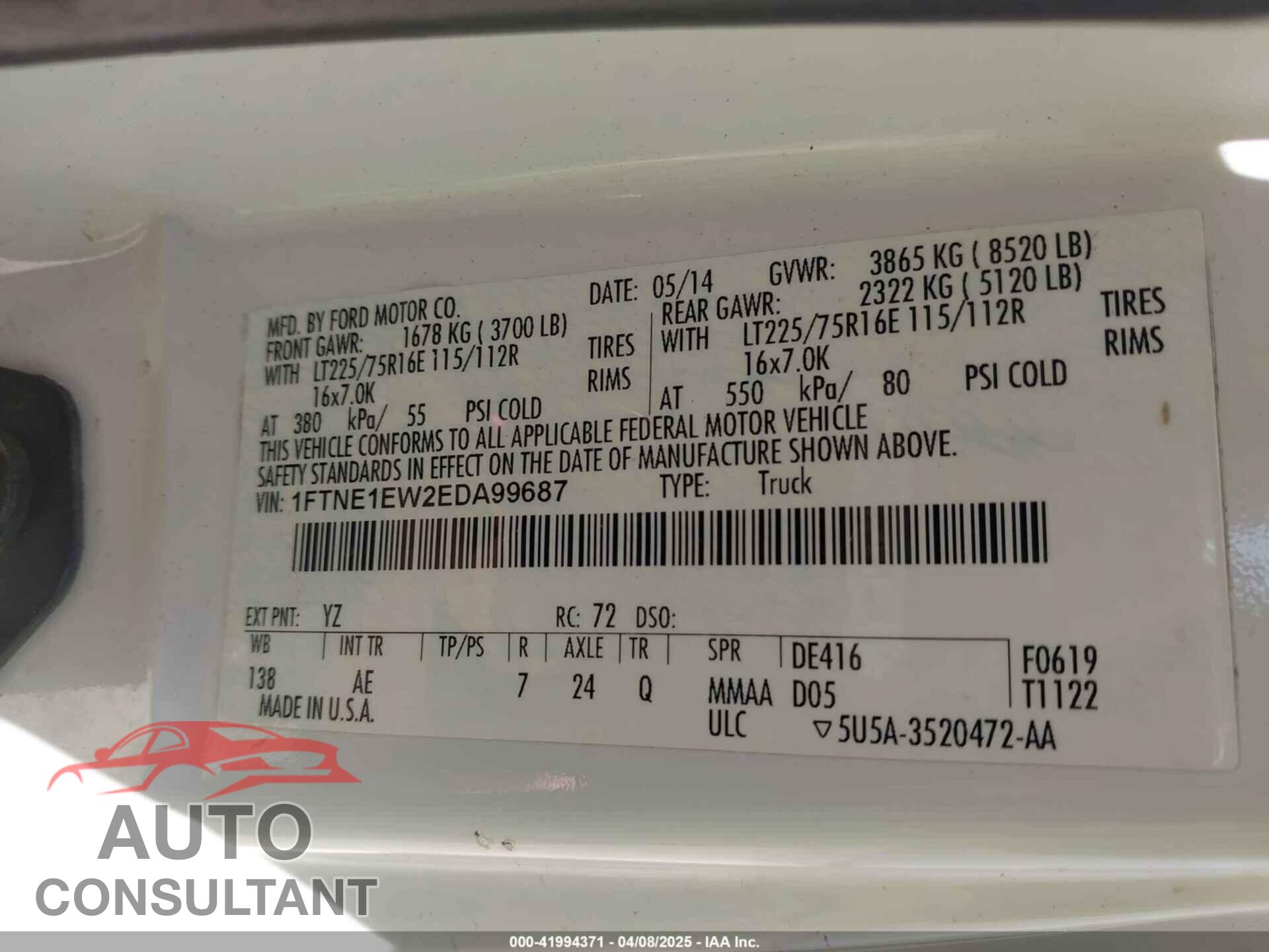 FORD E-150 2014 - 1FTNE1EW2EDA99687