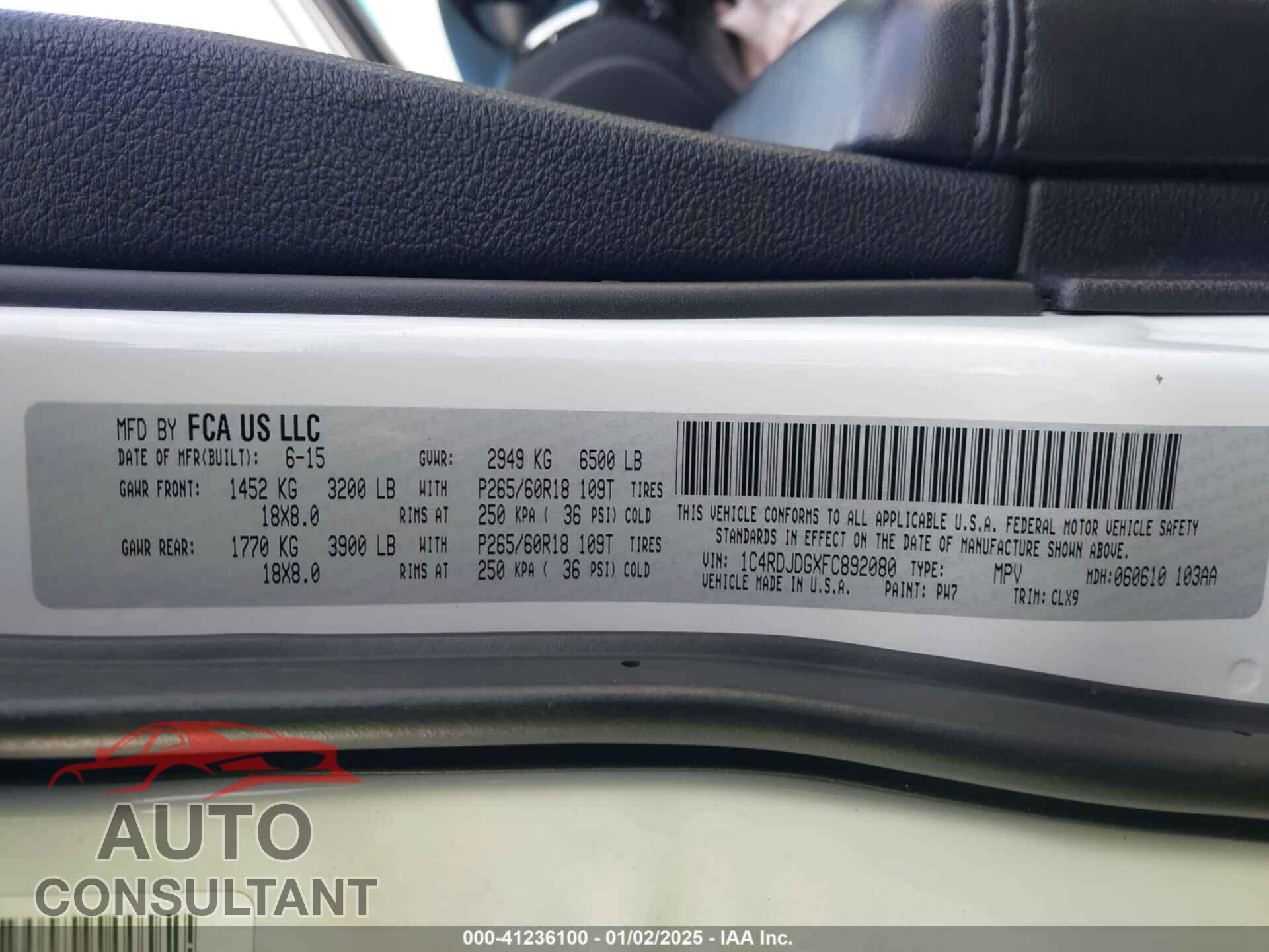 DODGE DURANGO 2015 - 1C4RDJDGXFC892080