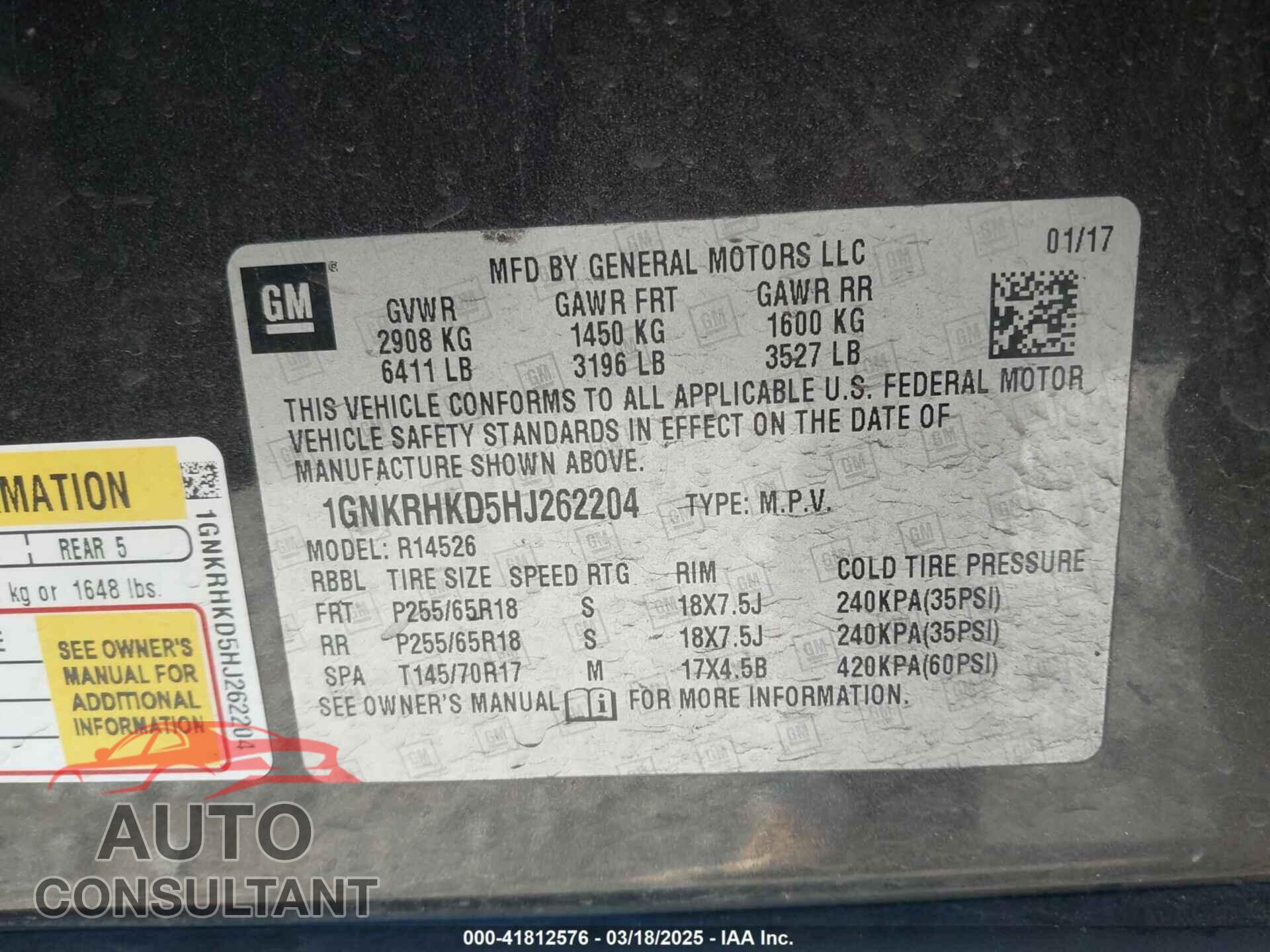 CHEVROLET TRAVERSE 2017 - 1GNKRHKD5HJ262204