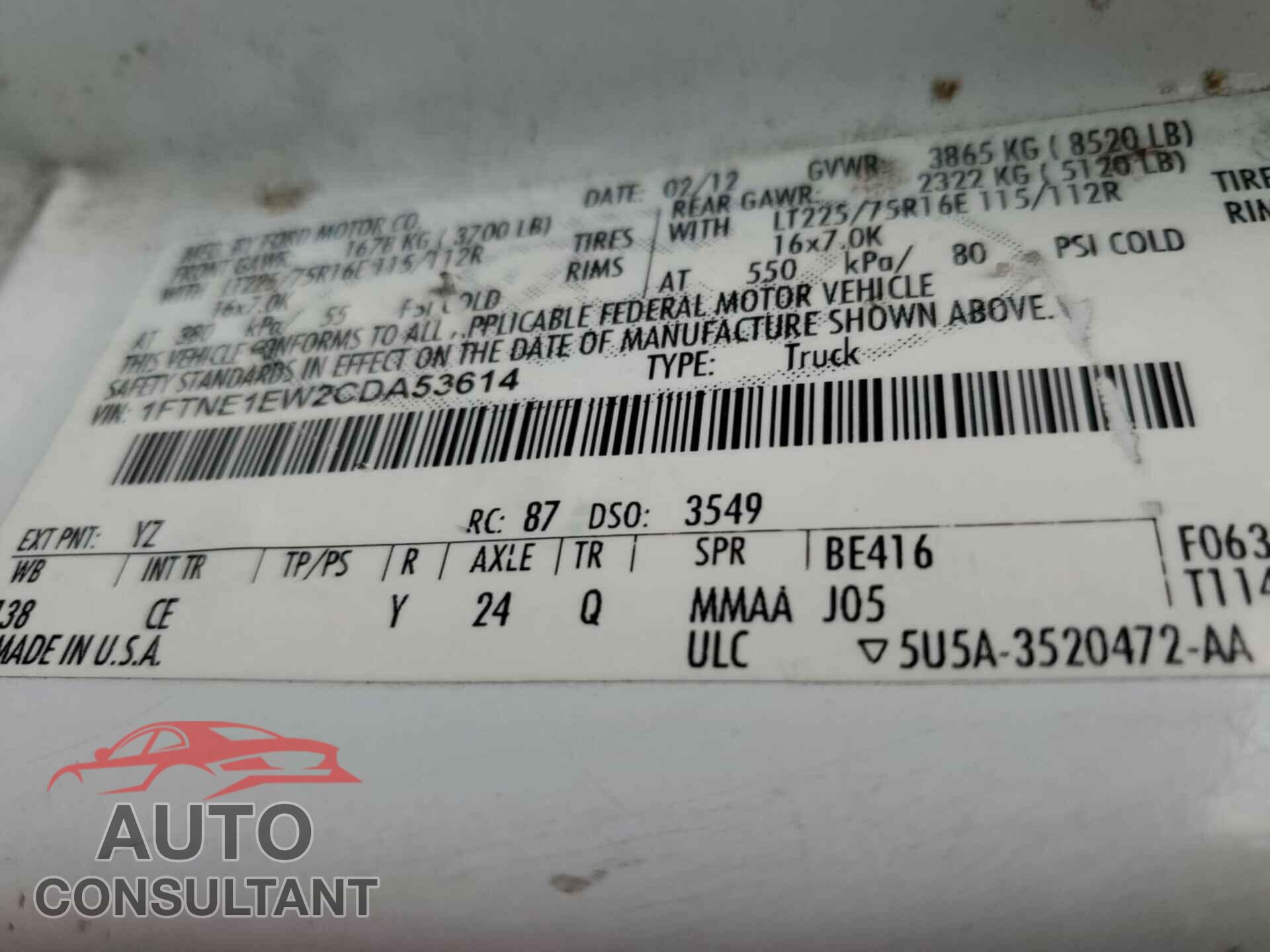 FORD E-150 2012 - 1FTNE1EW2CDA53614