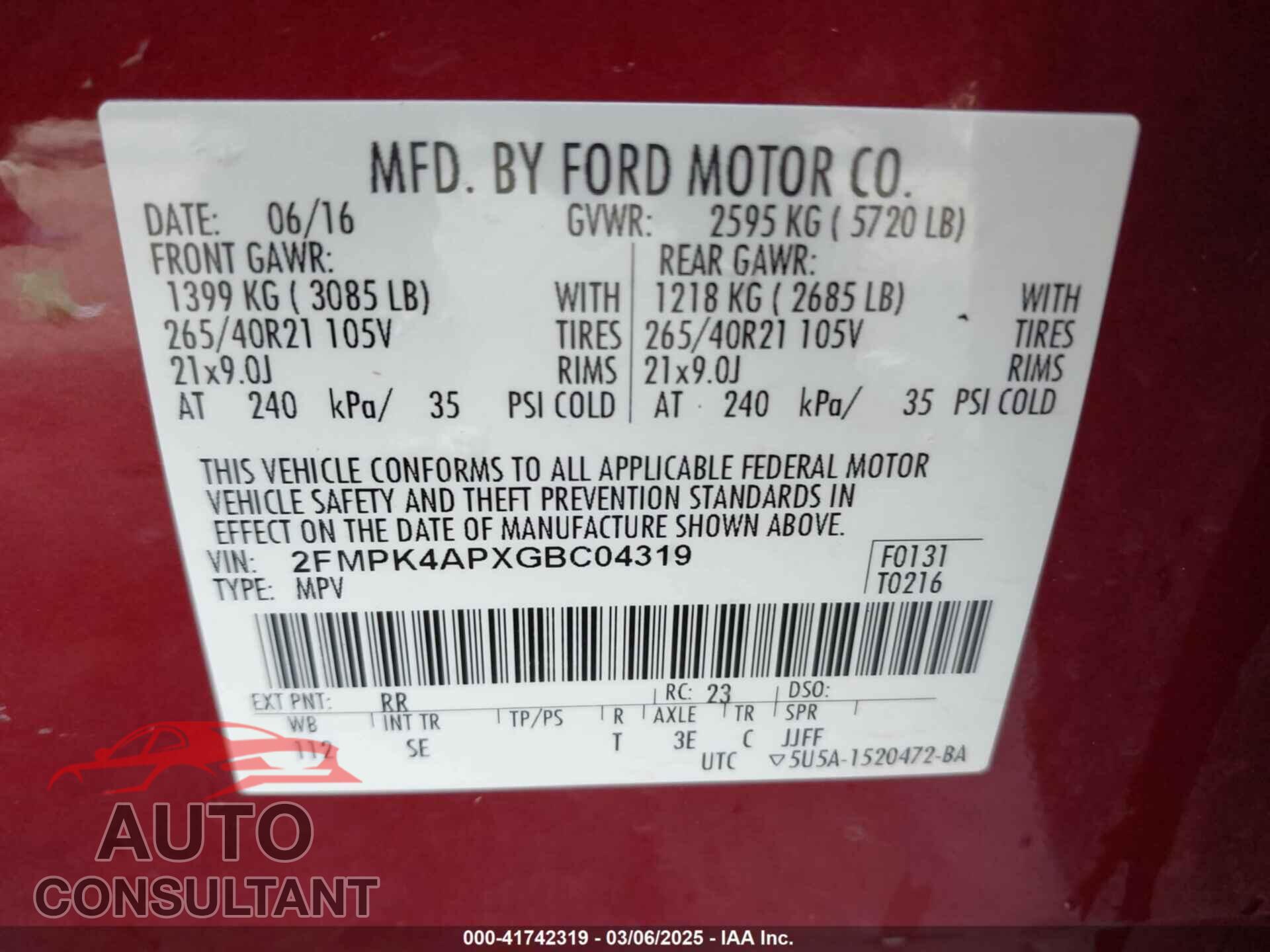 FORD EDGE 2016 - 2FMPK4APXGBC04319