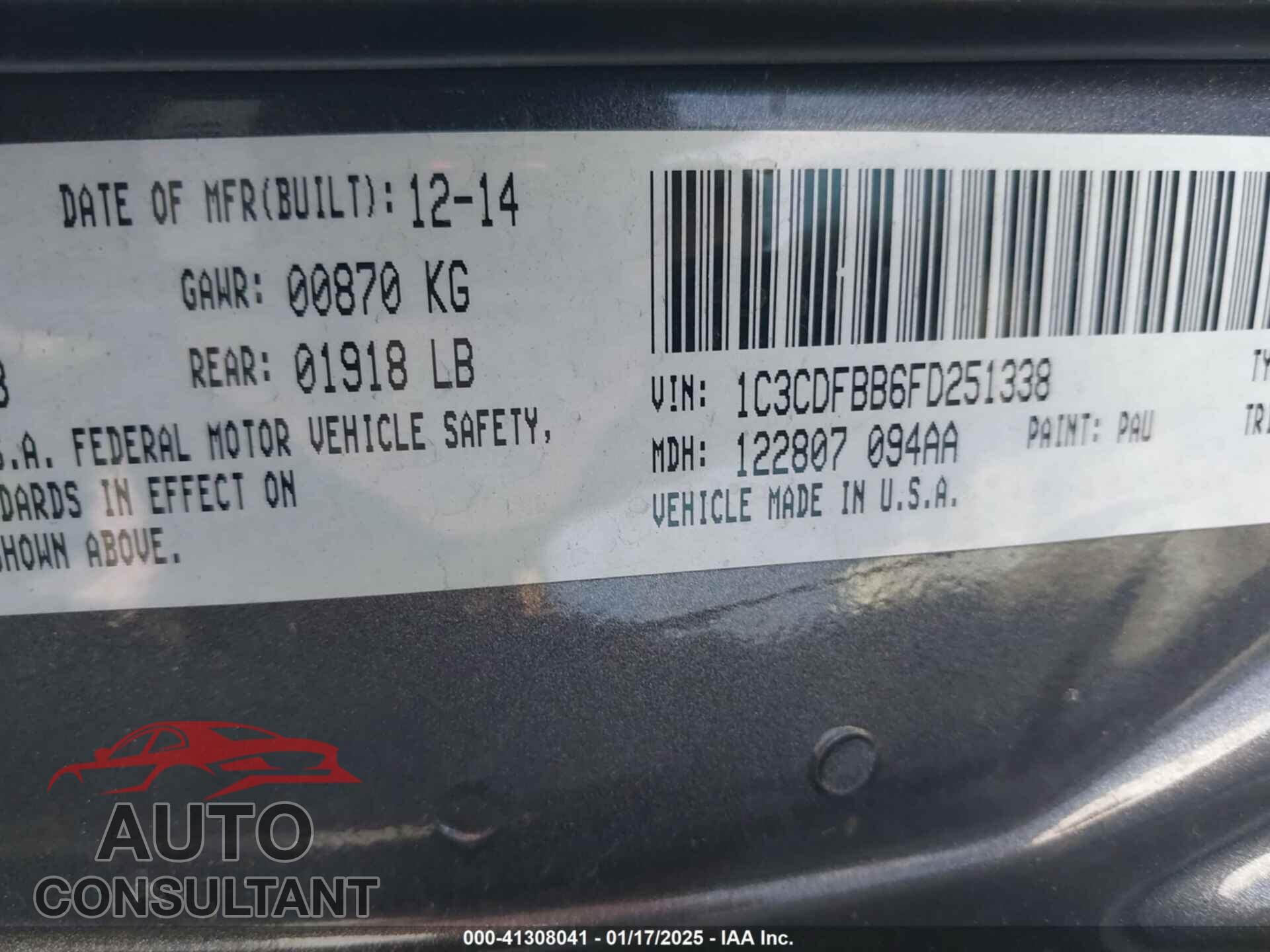 DODGE DART 2015 - 1C3CDFBB6FD251338