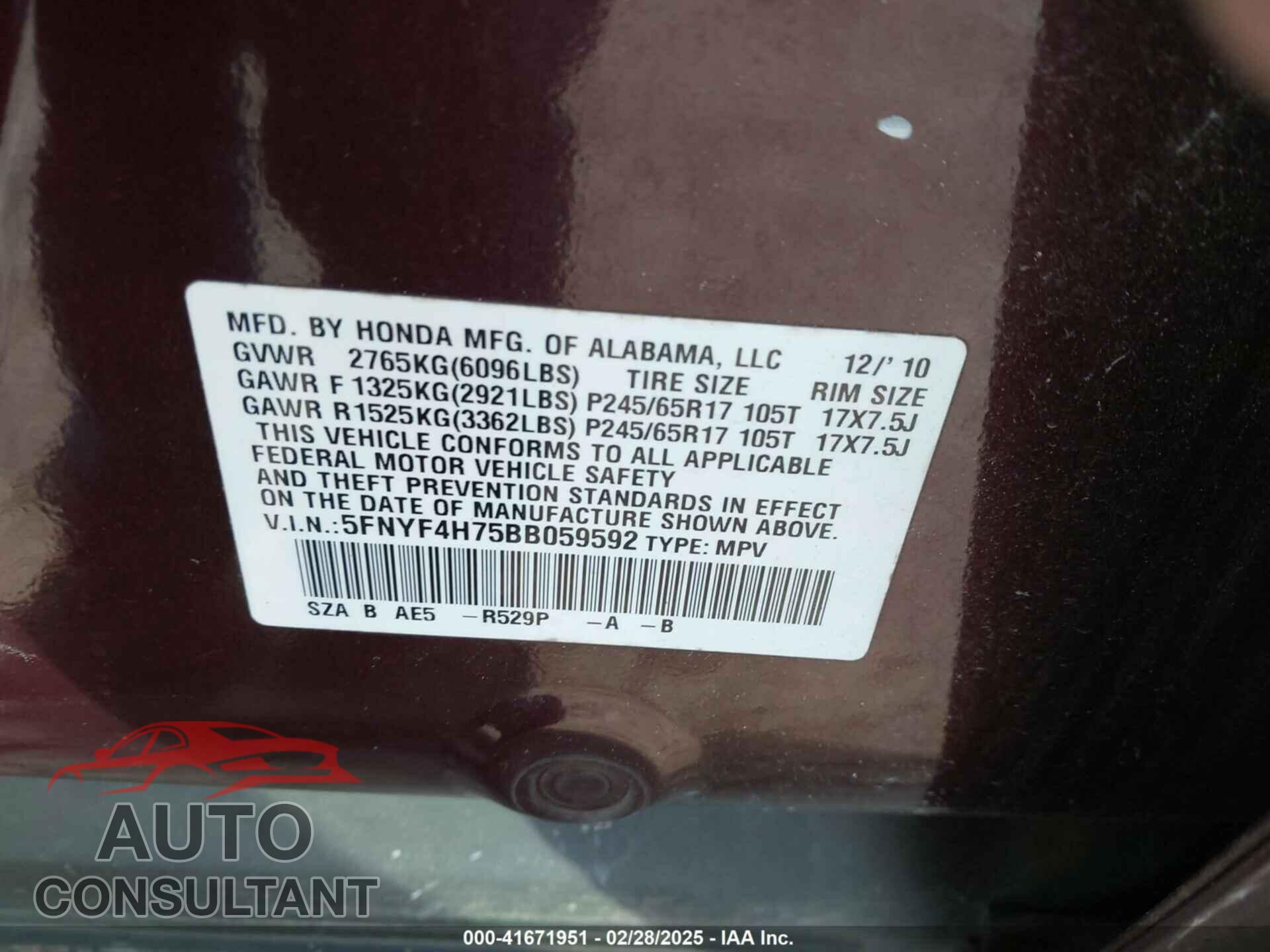 HONDA PILOT 2011 - 5FNYF4H75BB059592