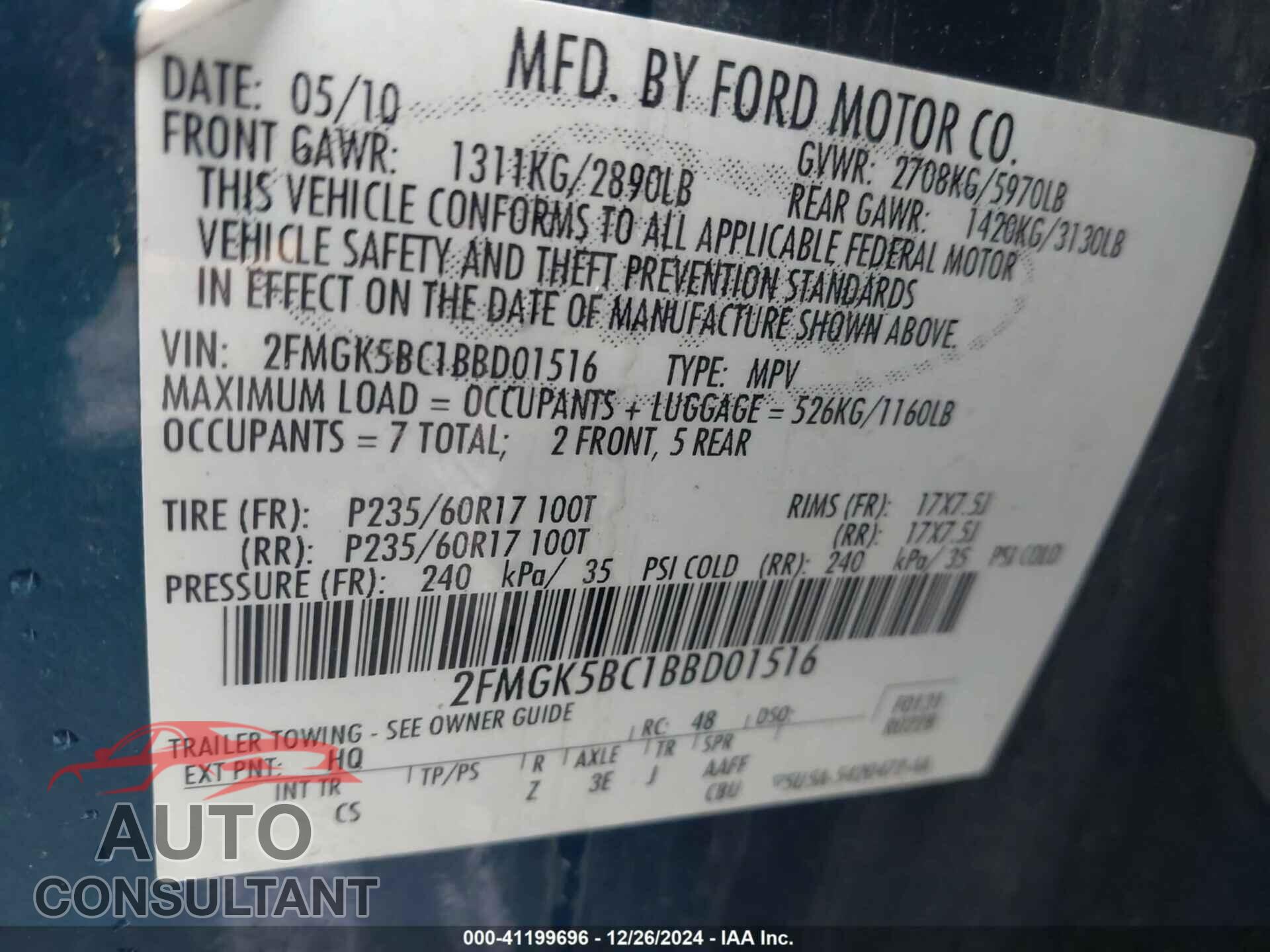 FORD FLEX 2011 - 2FMGK5BC1BBD01516