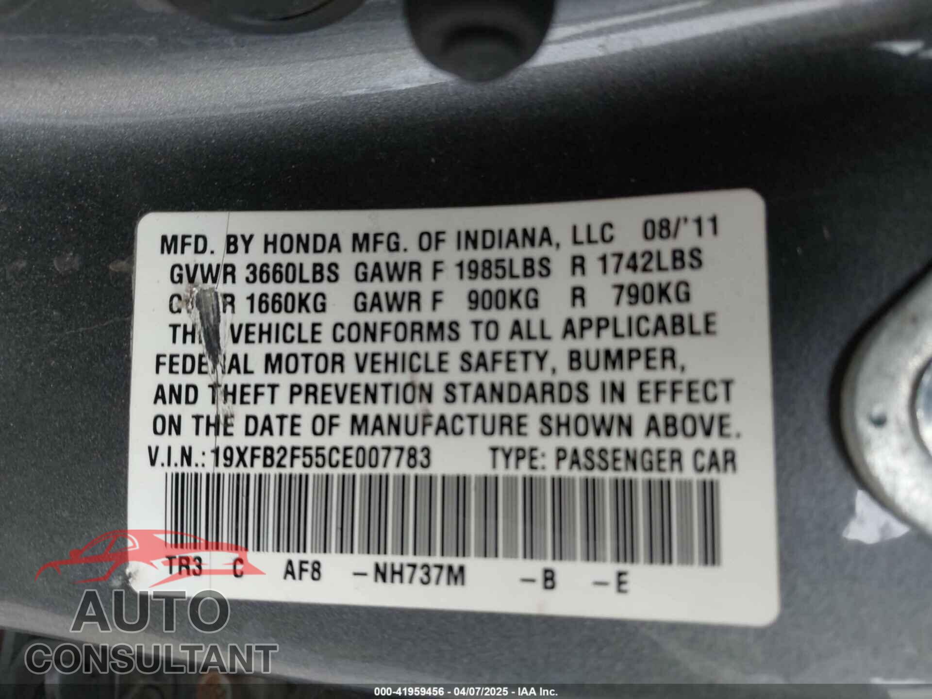 HONDA CIVIC 2012 - 19XFB2F55CE007783
