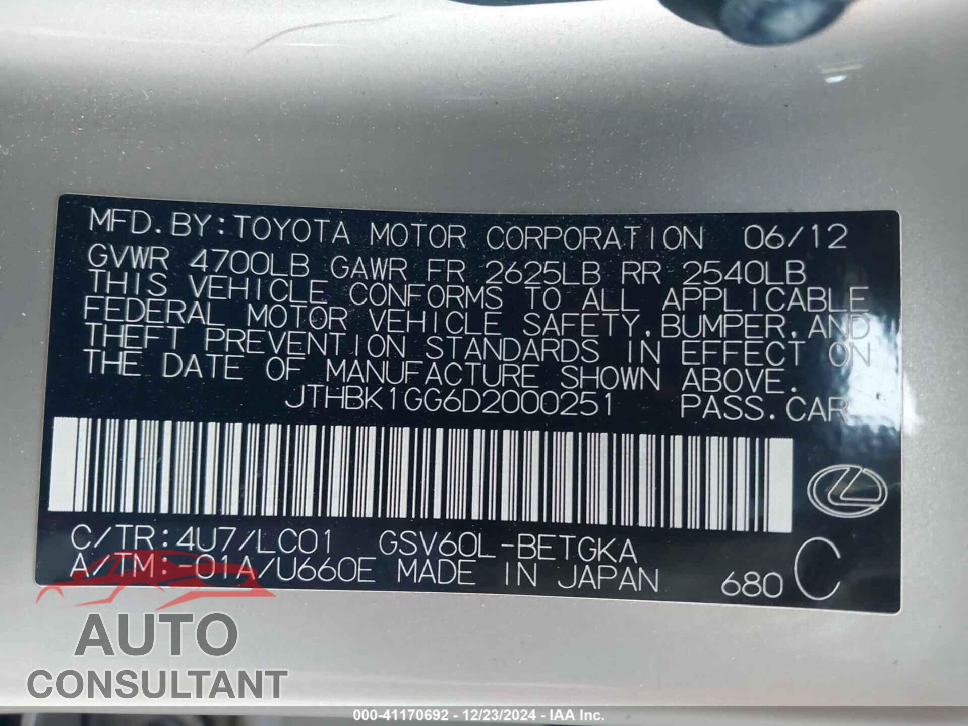 LEXUS ES 2013 - JTHBK1GG6D2000251