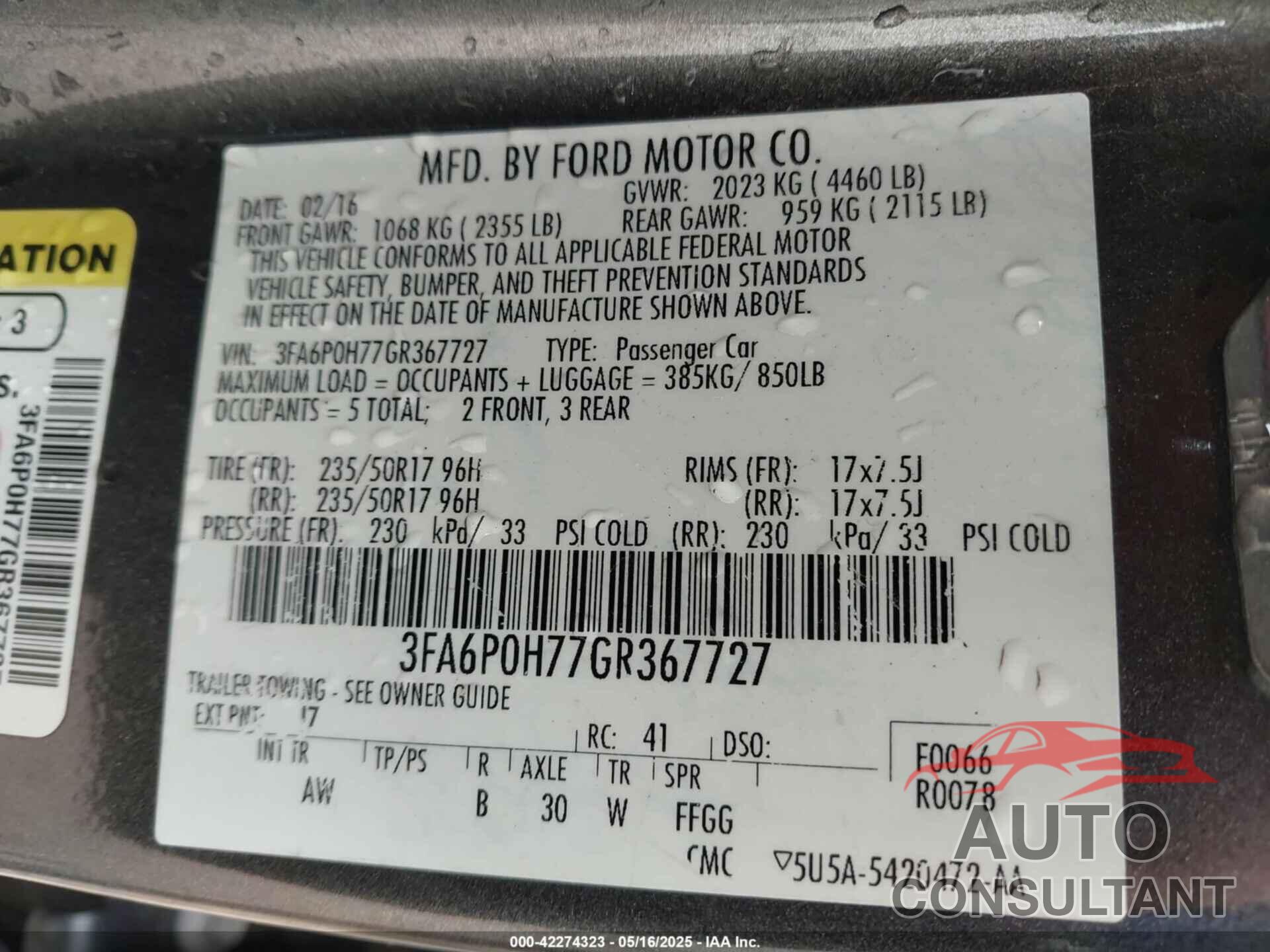 FORD FUSION 2016 - 3FA6P0H77GR367727