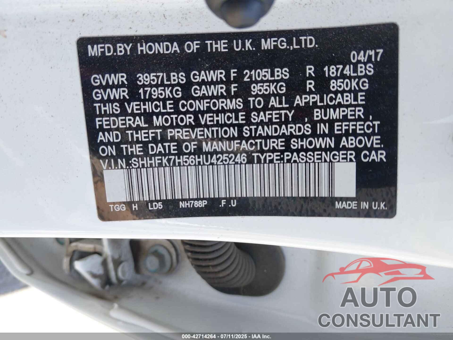 HONDA CIVIC 2017 - SHHFK7H56HU425246