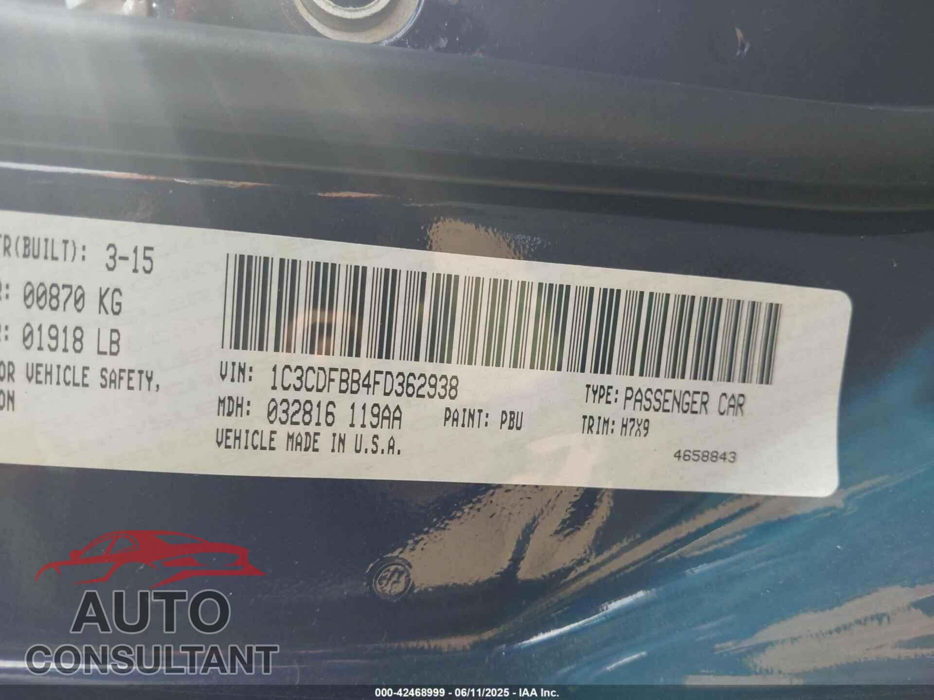DODGE DART 2015 - 1C3CDFBB4FD362938