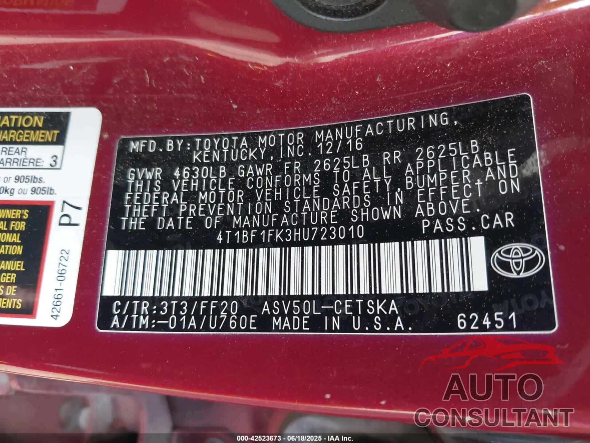 TOYOTA CAMRY 2017 - 4T1BF1FK3HU723010