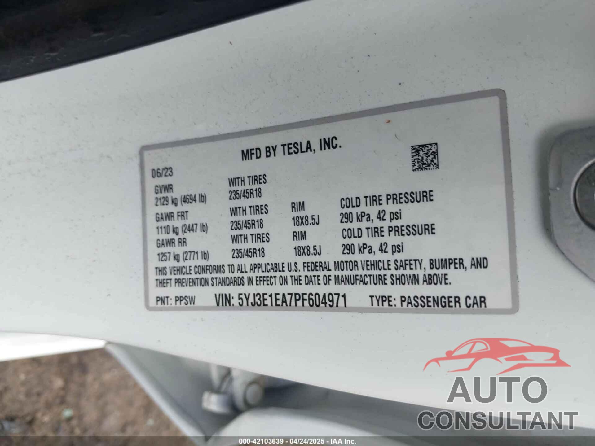 TESLA MODEL 3 2023 - 5YJ3E1EA7PF604971