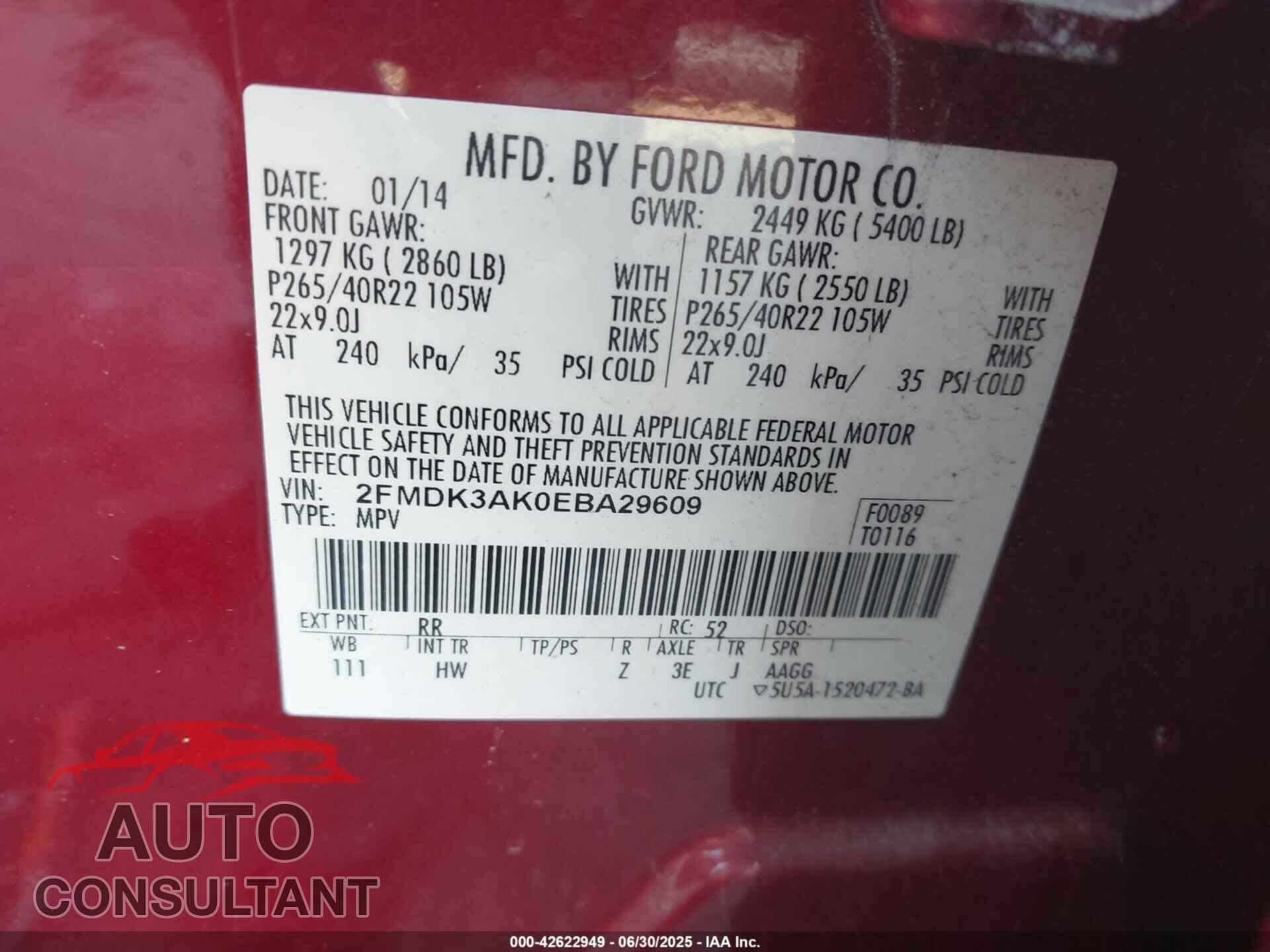 FORD EDGE 2014 - 2FMDK3AK0EBA29609