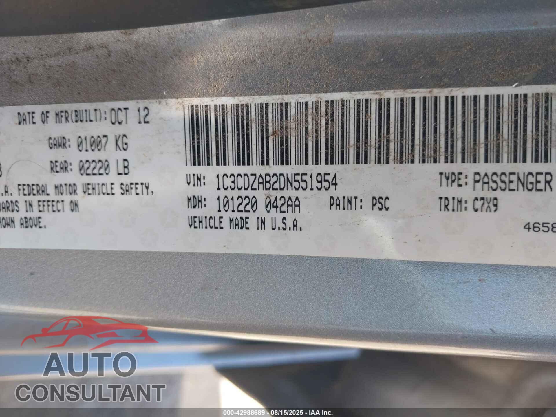 DODGE AVENGER 2013 - 1C3CDZAB2DN551954