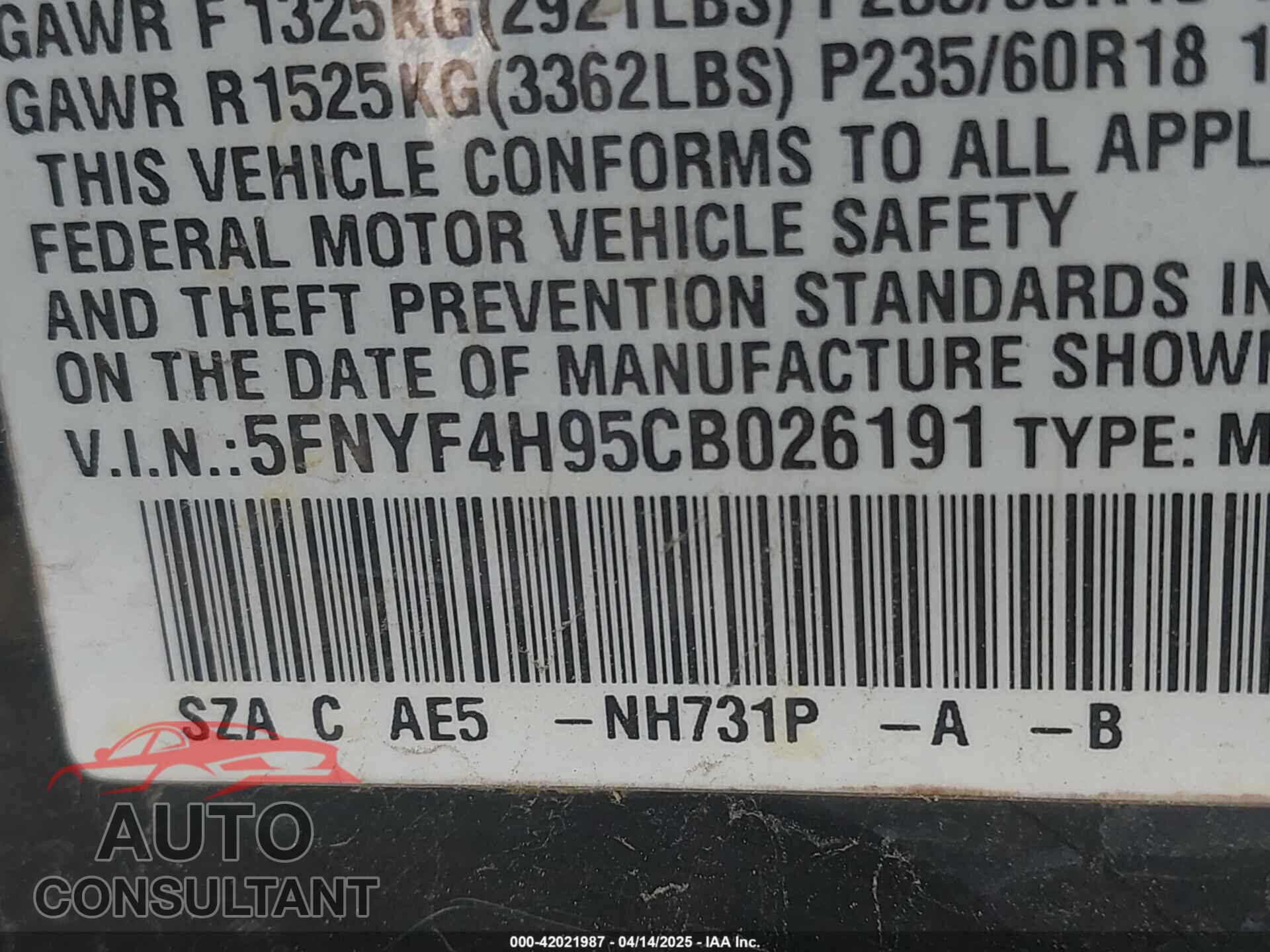 HONDA PILOT 2012 - 5FNYF4H95CB026191