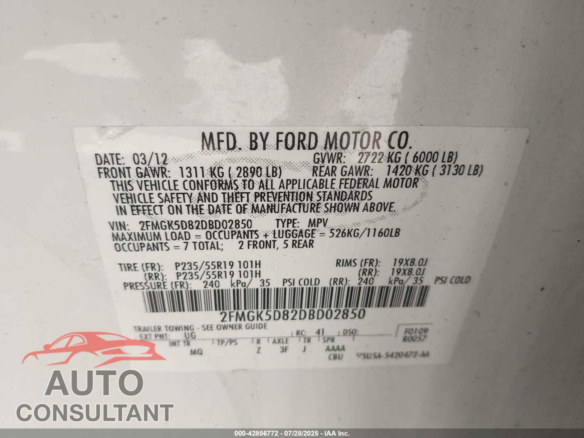 FORD FLEX 2013 - 2FMGK5D82DBD02850