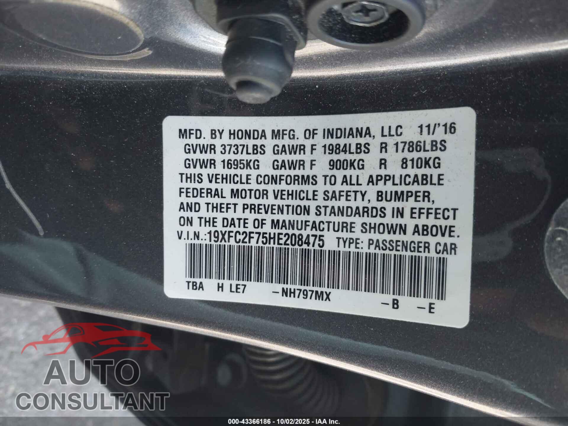HONDA CIVIC 2017 - 19XFC2F75HE208475