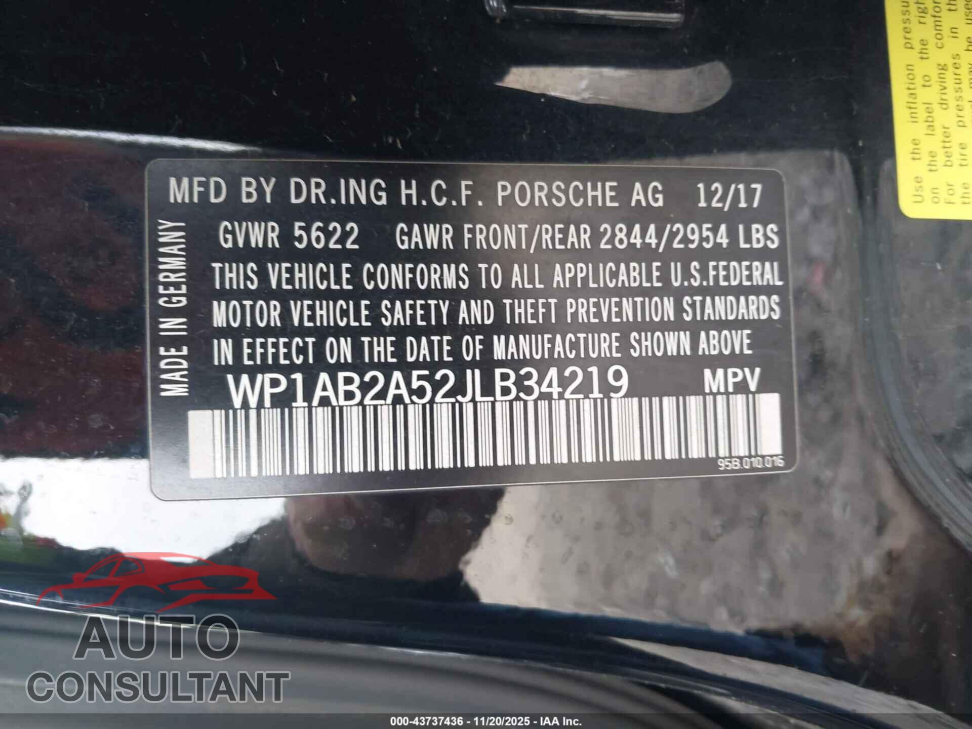 PORSCHE MACAN 2018 - WP1AB2A52JLB34219