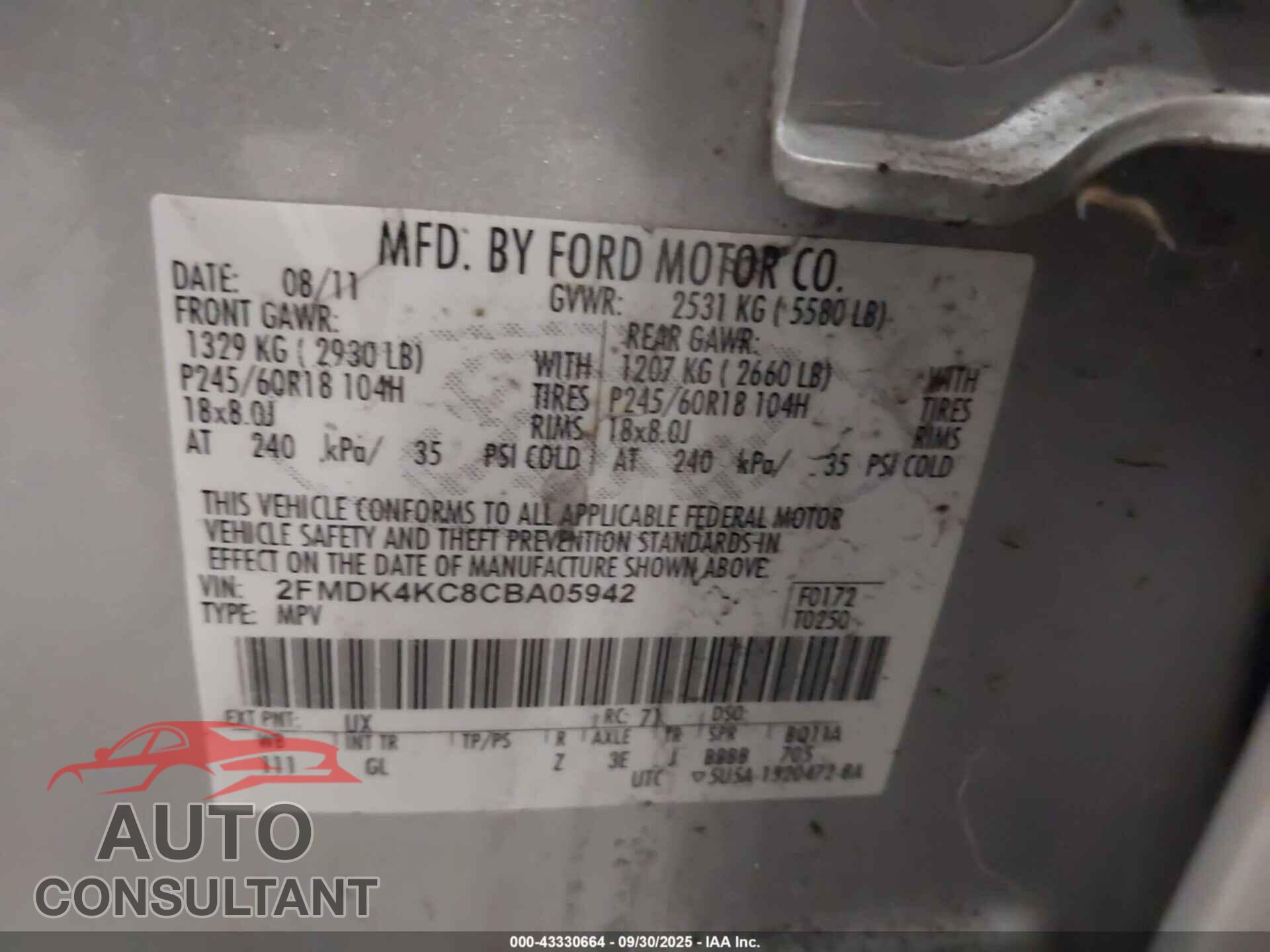 FORD EDGE 2012 - 2FMDK4KC8CBA05942