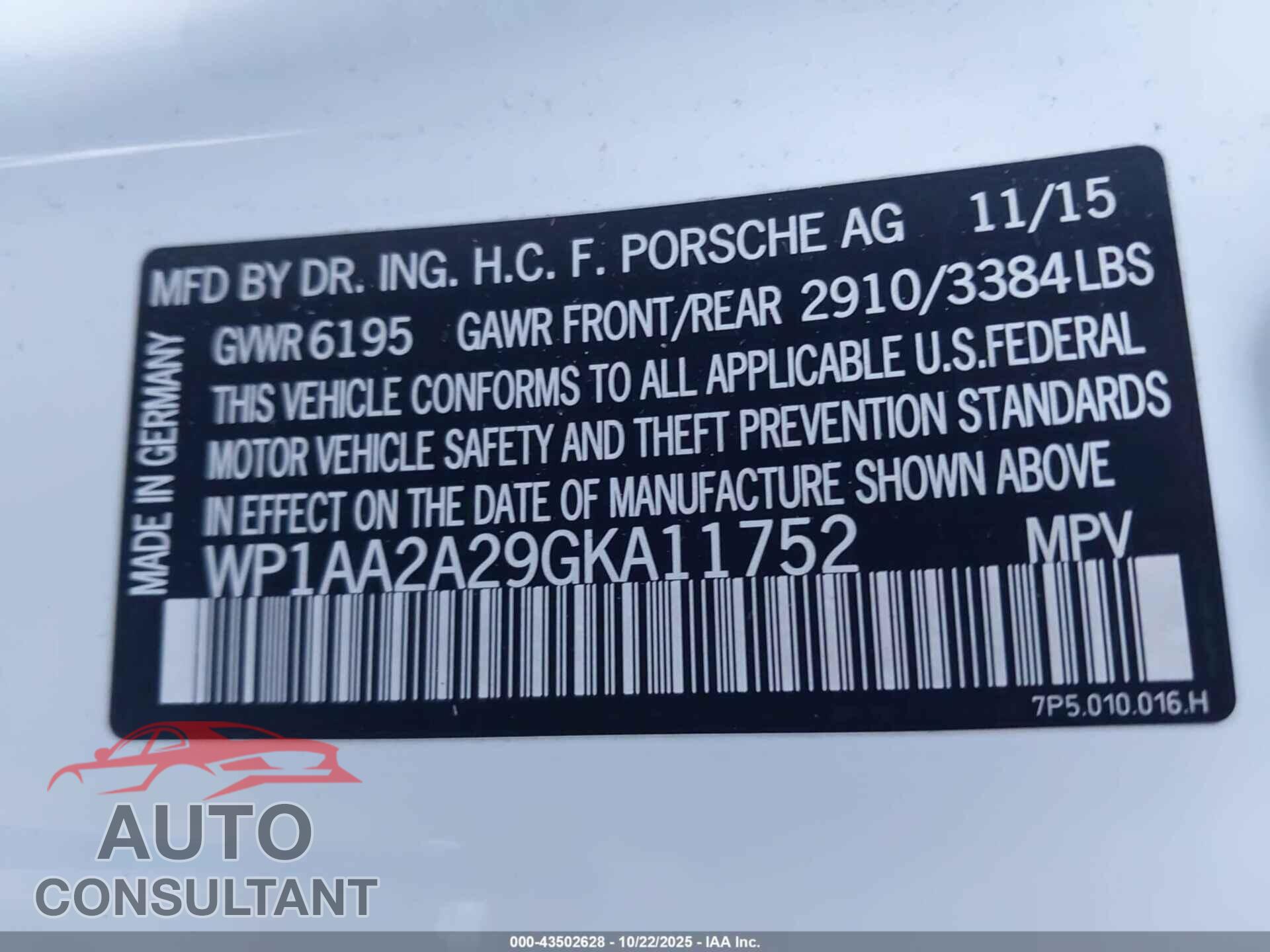 PORSCHE CAYENNE 2016 - WP1AA2A29GKA11752