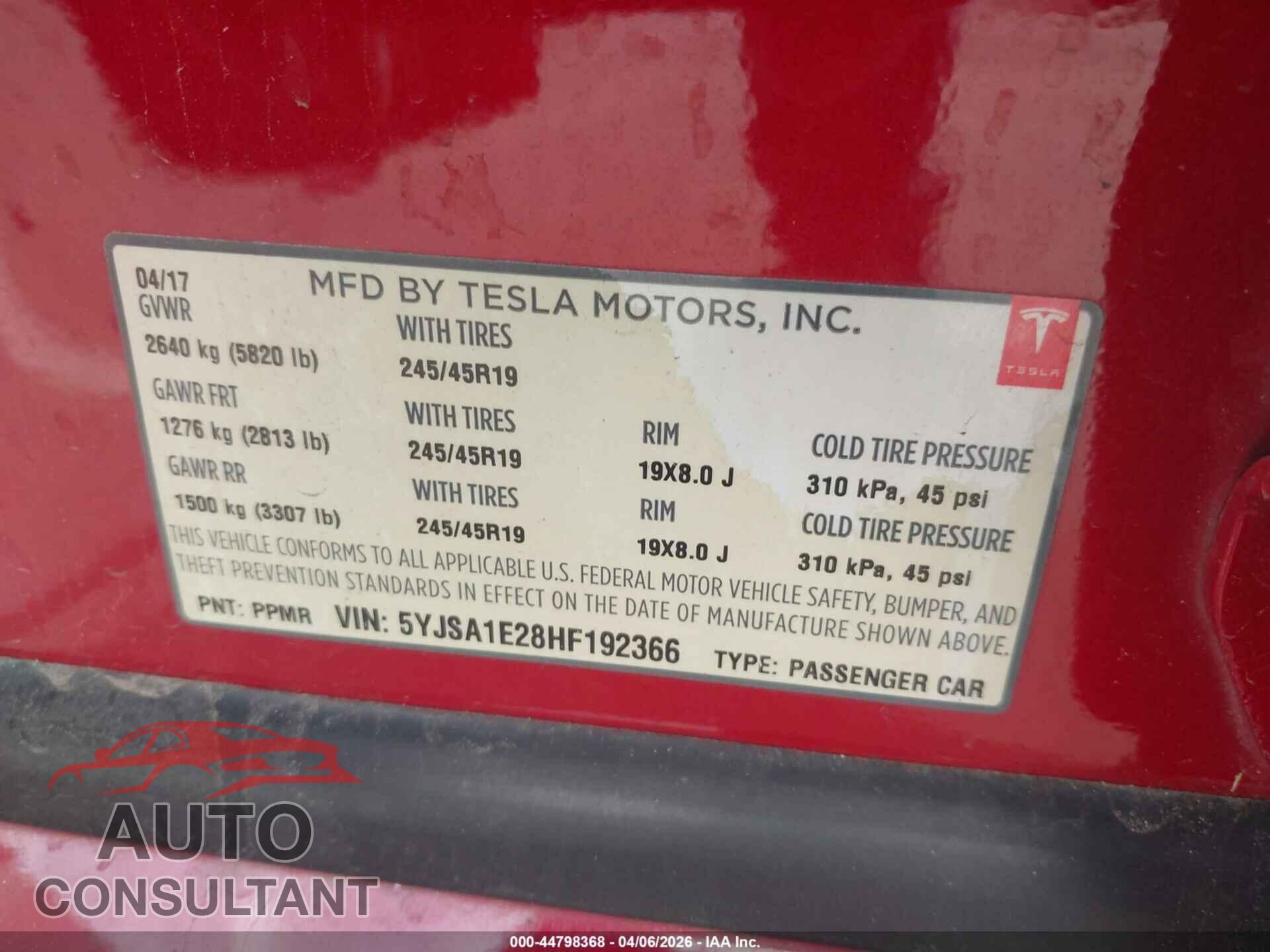 TESLA MODEL S 2017 - 5YJSA1E28HF192366