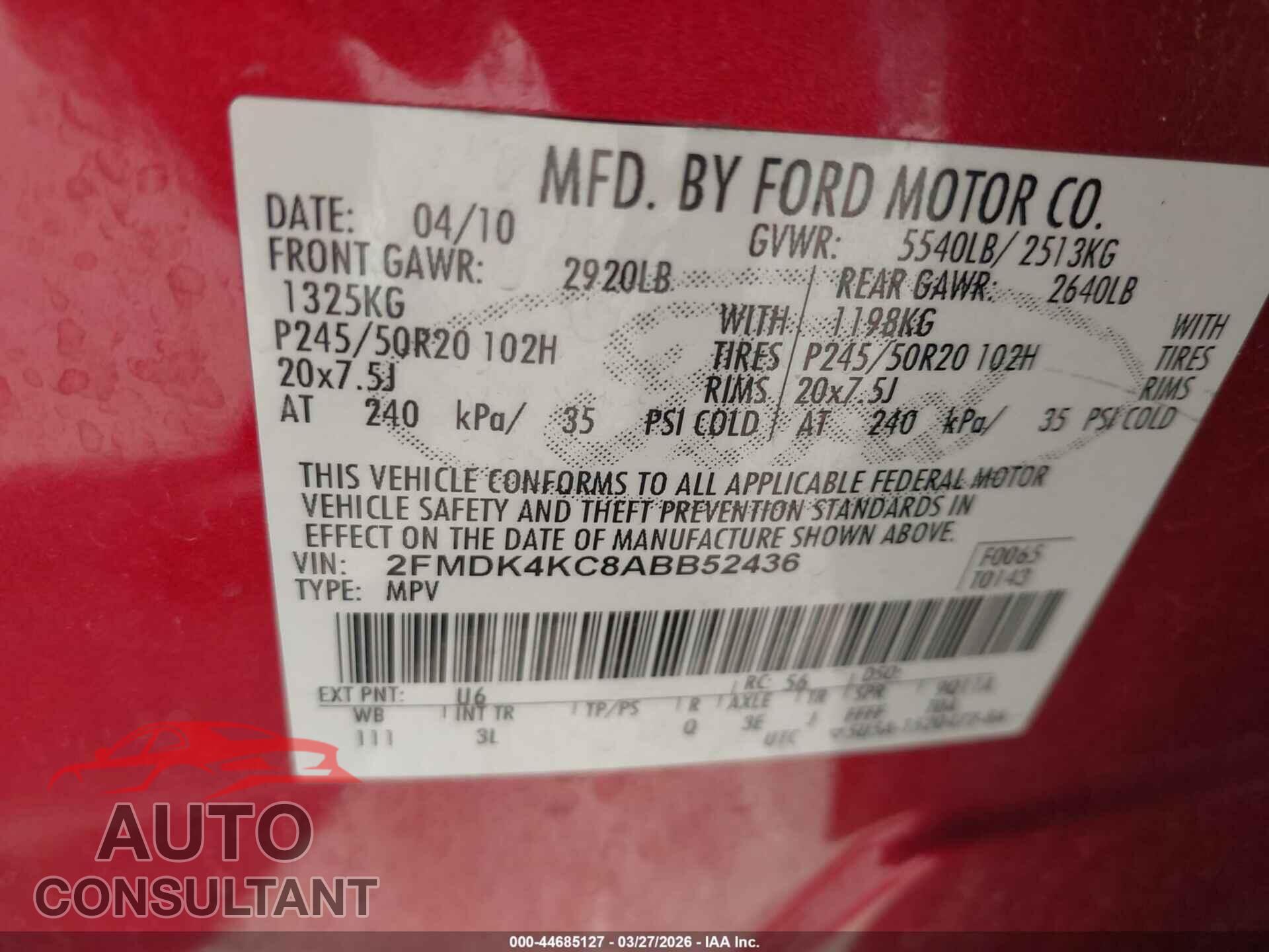 FORD EDGE 2010 - 2FMDK4KC8ABB52436