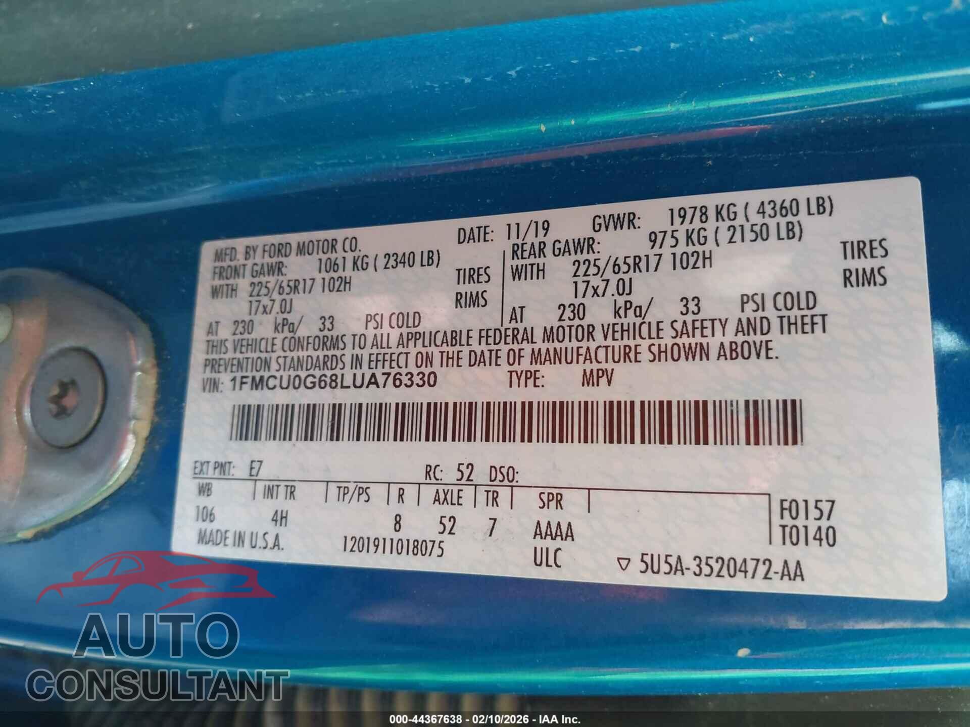 FORD ESCAPE 2020 - 1FMCU0G68LUA76330