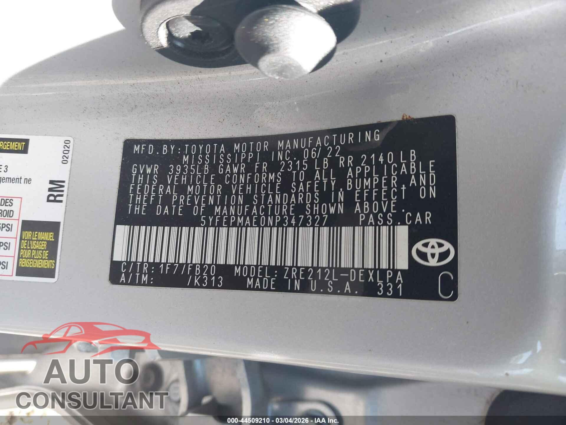 TOYOTA COROLLA 2022 - 5YFEPMAE0NP347327
