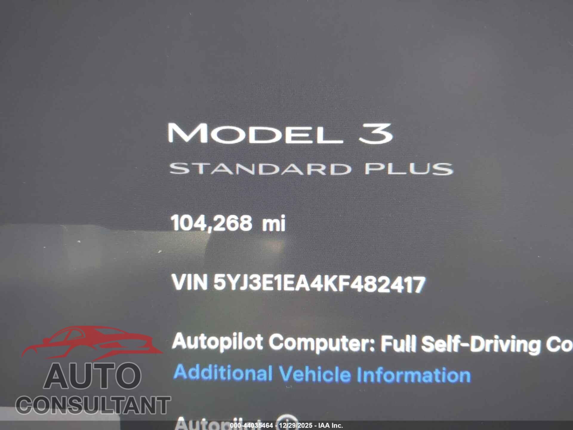 TESLA MODEL 3 2019 - 5YJ3E1EA4KF482417
